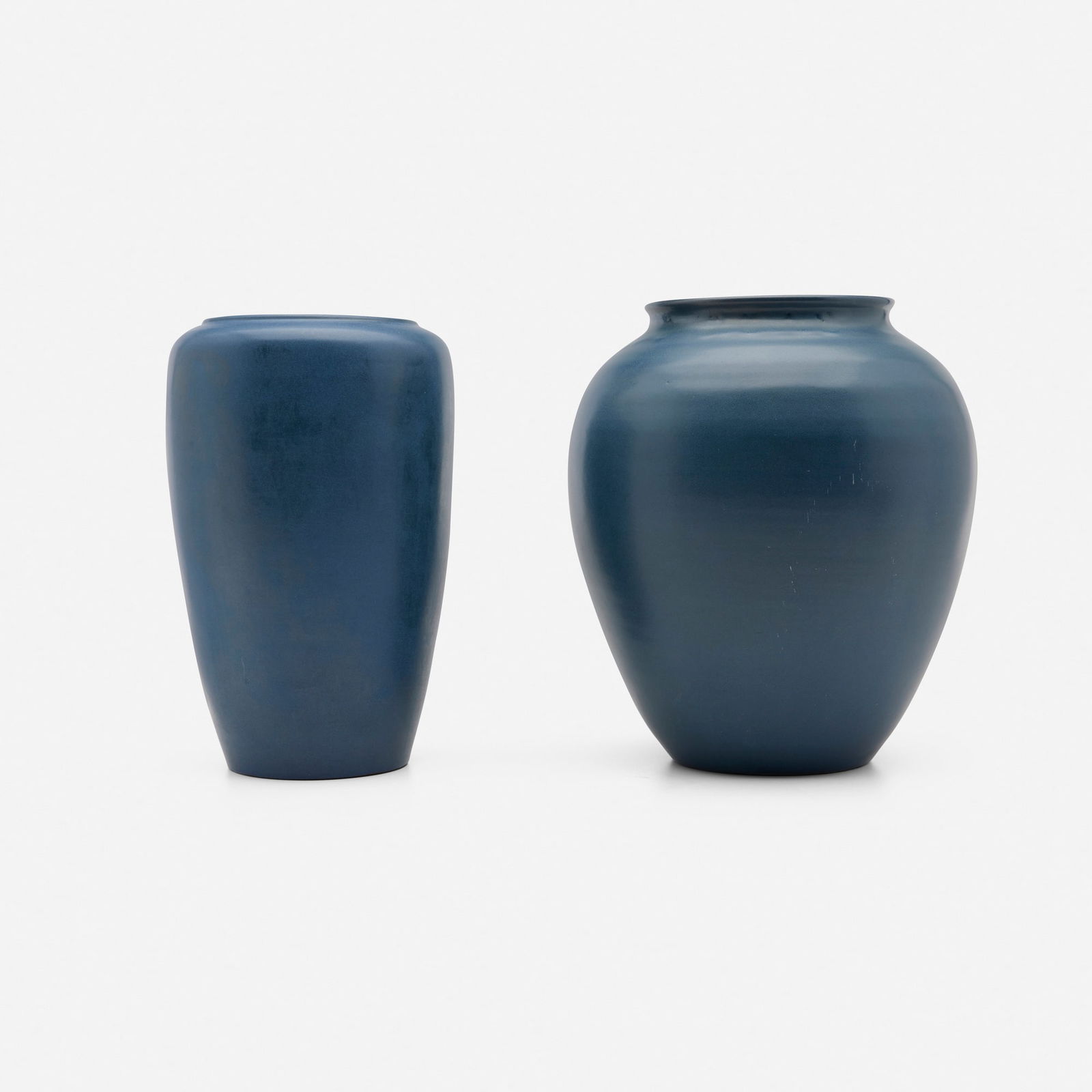 Marblehead Pottery, Large vases, set of two: Marblehead Pottery Large vases, set of two USA, c. 1920glazed earthenware 11.5 h x 7 dia in (29 x 18 cm) 11.75 h x 10 dia in (30 x 25 cm) Impressed manufacturer's mark to underside of each