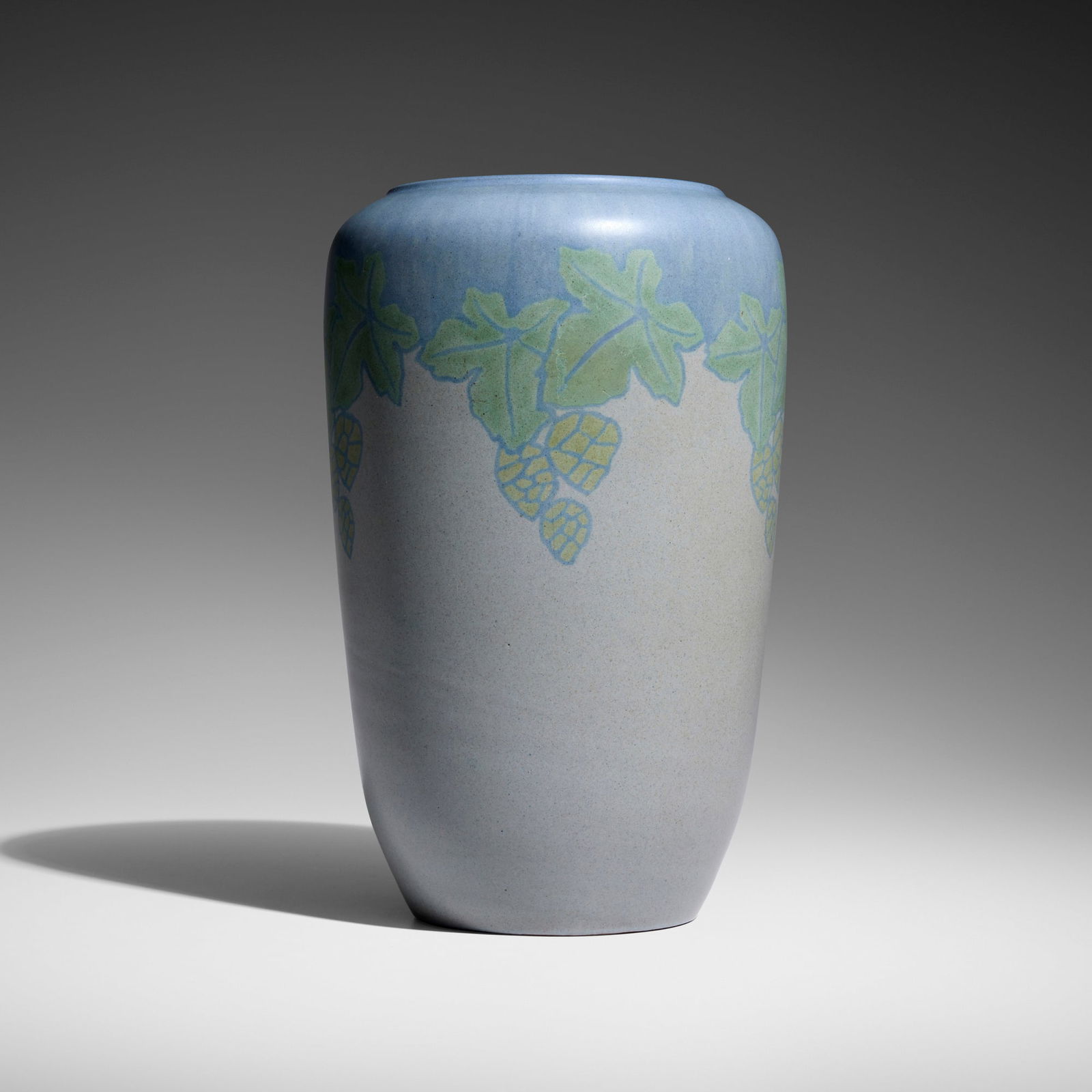 Marblehead Pottery, Large vase with hops: Marblehead Pottery Large vase with hops USA, 1908-20glazed earthenware 11 h x 7 dia in (28 x 18 cm) Impressed manufacturer's mark to underside 'MP' with ship symbol. Provenance: