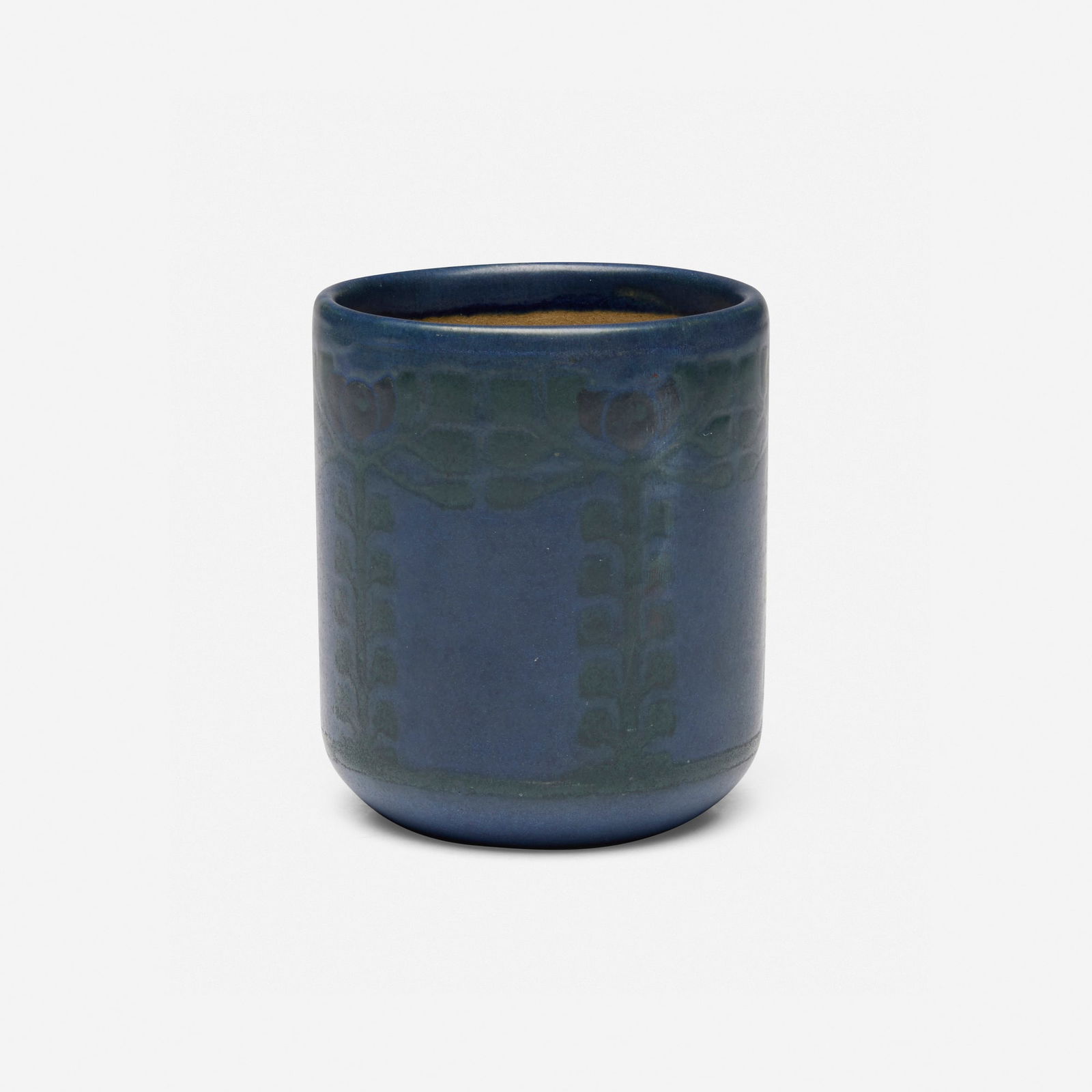 Arthur Eugene Baggs for Marblehead Pottery, Vase with stylized flowers: Arthur Eugene Baggs for Marblehead Pottery Vase with stylized flowers USA, 1908-20glazed earthenware 4 h x 3.375 dia in (10 x 9 cm) Impressed manufacturer's mark to underside 'MP' with ship sy