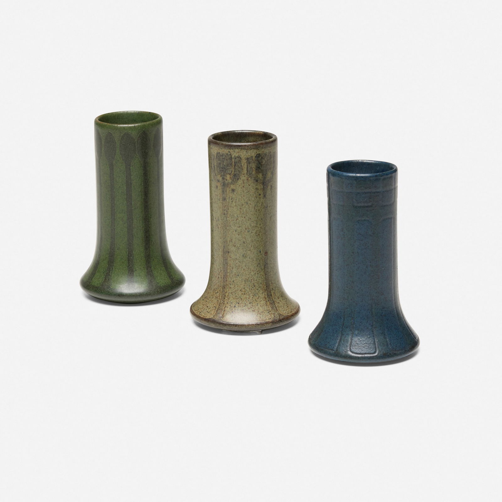 Marblehead Pottery, Collection of three decorated bud vases: Marblehead Pottery Collection of three decorated bud vases USA, 1908-16glazed earthenware 4.5 h x 2.625 dia in (11 x 7 cm) 4.25 h x 2.5 dia in (11 x 6 cm) Collection is comprised of one exa