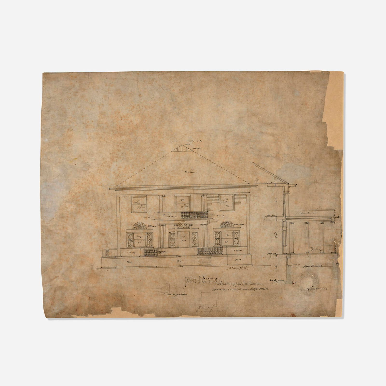 Frank Lloyd Wright, Important Elevation drawing for the George Blossom House, Chicago: Frank Lloyd Wright Important Elevation drawing for the George Blossom House, Chicago c. 1892ink on linen 18.5 h x 22.5 w in (47 x 57 cm) Embossed seal to lower right 'Frank L. Wright Architect