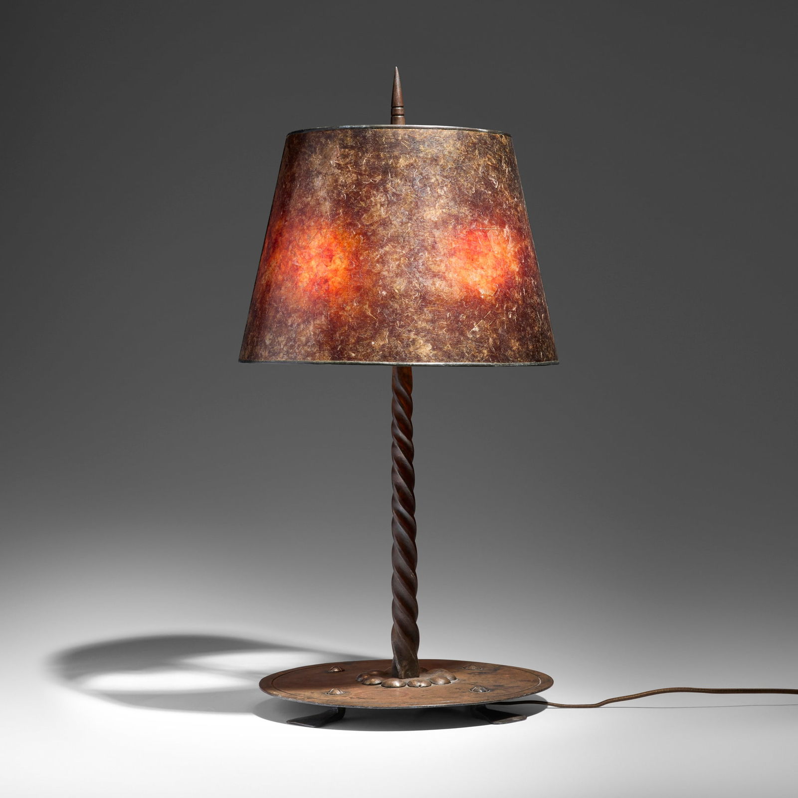 Samuel Yellin, Table lamp: Samuel Yellin Table lamp USA, c. 1925iron 26.25 h x 12 dia in (67 x 30 cm) Impressed signature to edge of base 'Samuel Yellin'. Sold with a reproduction mica shade by NYM Arts.