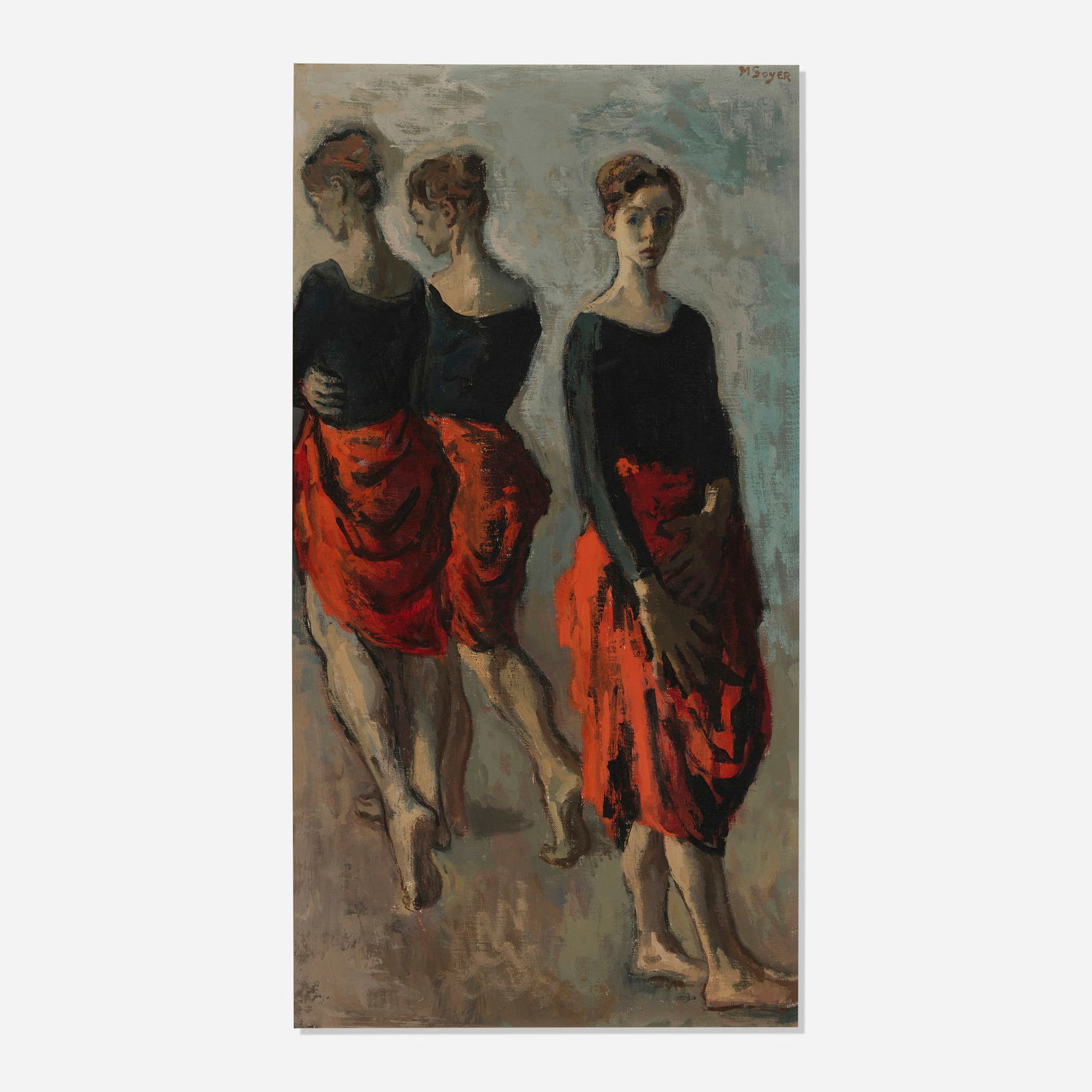 Moses Soyer, Dancers: Moses Soyer Dancers oil on canvas 30 h x 16 w in (76 x 41 cm) Signed to upper right 'M. Soyer'. Provenance: Private Collection, New York | Thence by descent | Heritage Auctio