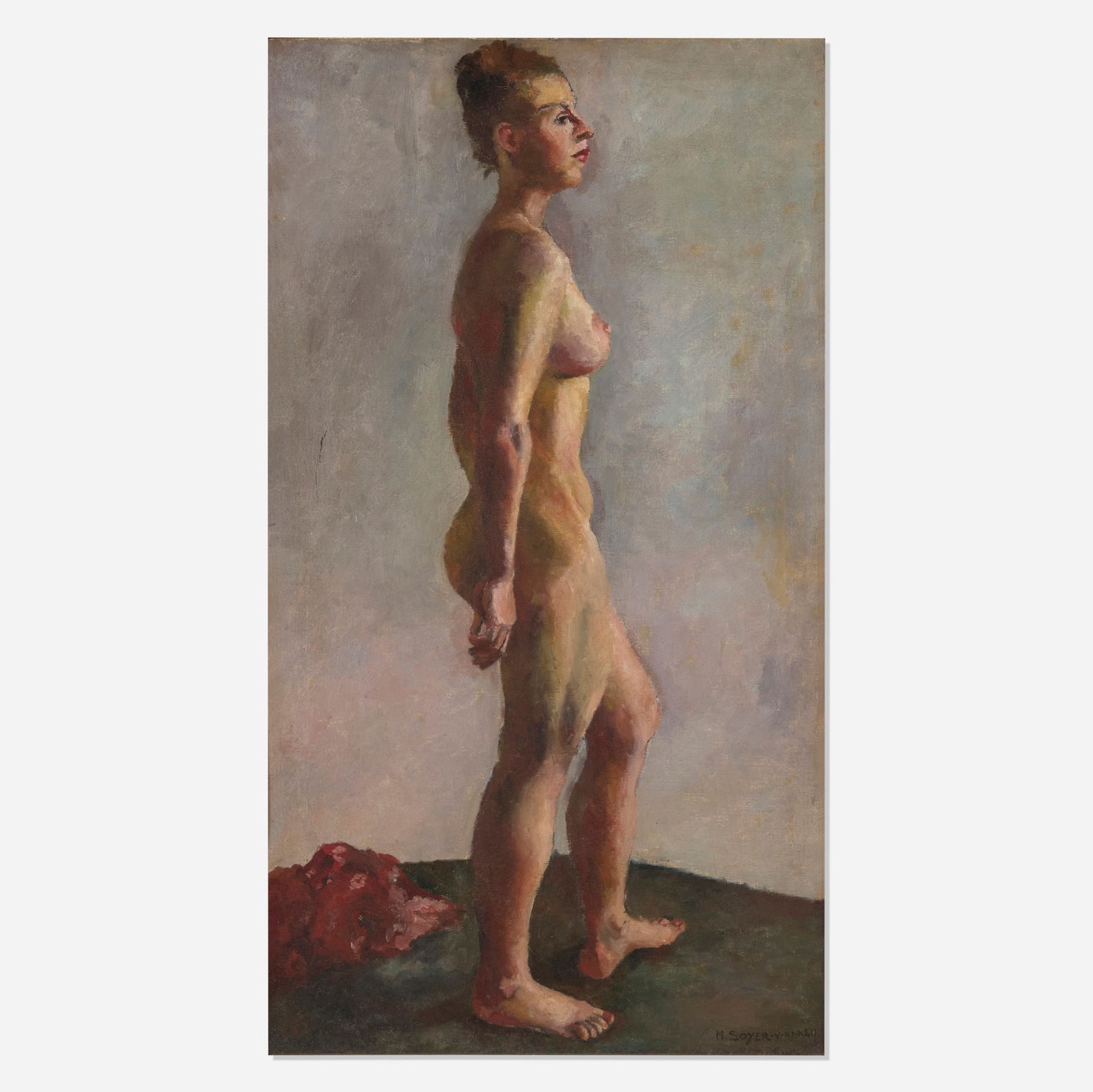 Moses Soyer, Standing Nude: Moses Soyer Standing Nude 1962oil on canvas 40 h x 22 w in (102 x 56 cm) Signed and dated to lower right 'M. Soyer . V . X . XLII'. Provenance: Richard A. Bourne, Hyann