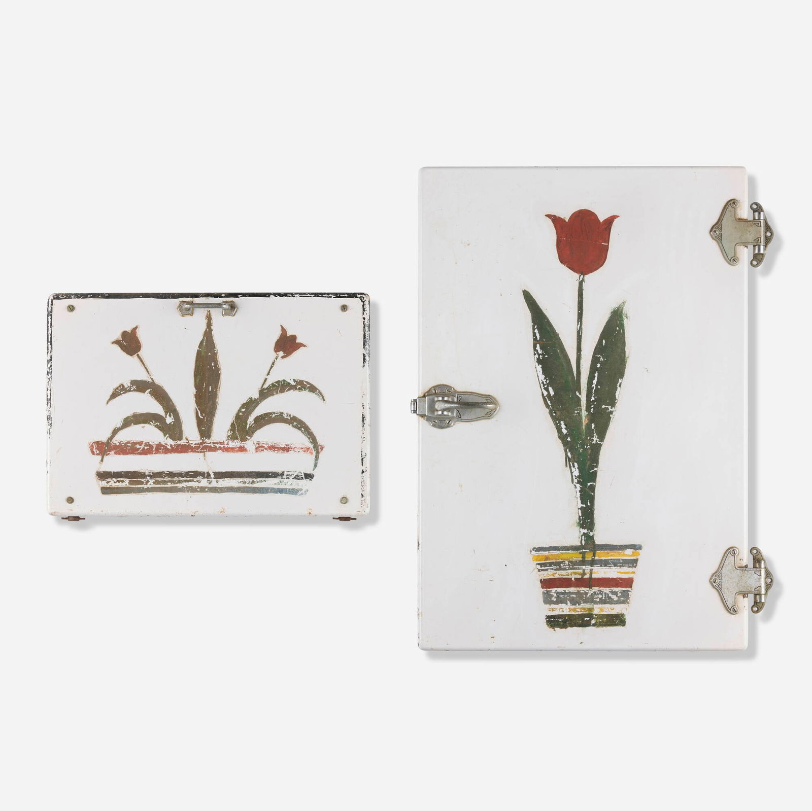 George Tooker, Untitled (Tulips in a Flower Pot) (two works): George Tooker Untitled (Tulips in a Flower Pot) (two works) c. 1940painted refrigerator doors 35 h x 26.5 w x 5.25 d in (89 x 67 x 13 cm) 17 h x 23.75 w x 4.5 d in (43 x 60 x 11 cm) Sold wi