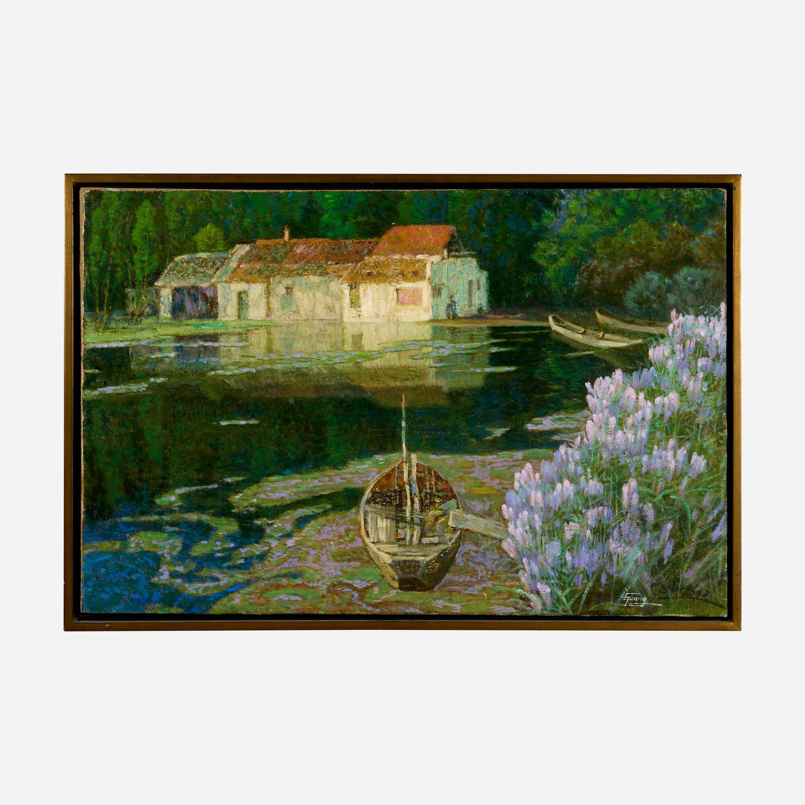 Tingbo Guang, The Green Pond: Tingbo Guang The Green Pond 1992 oil on canvas 24 h x 36 w in (61 x 91 cm) Signed and dated to lower right '92 Guang'. This work will ship from Lambertville, New Jersey.