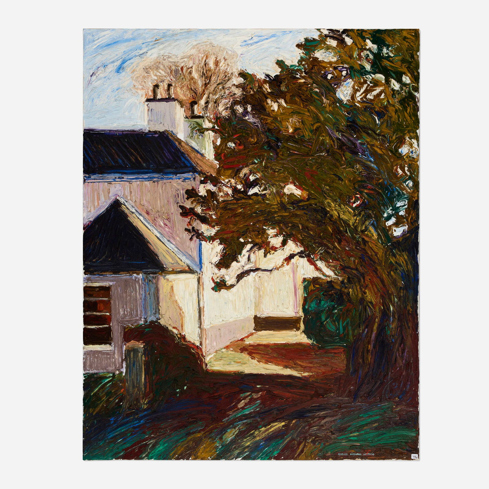 Hugues Claude Pissarro, Le pignon de mon atelier a Fort William: Hugues Claude Pissarro Le pignon de mon atelier a Fort William 1993oil on canvas 57.5 h x 47.75 w in (146 x 121 cm) Signed to lower right 'Hugues Claude Pissarro dit Pomie'. Signed, titled and