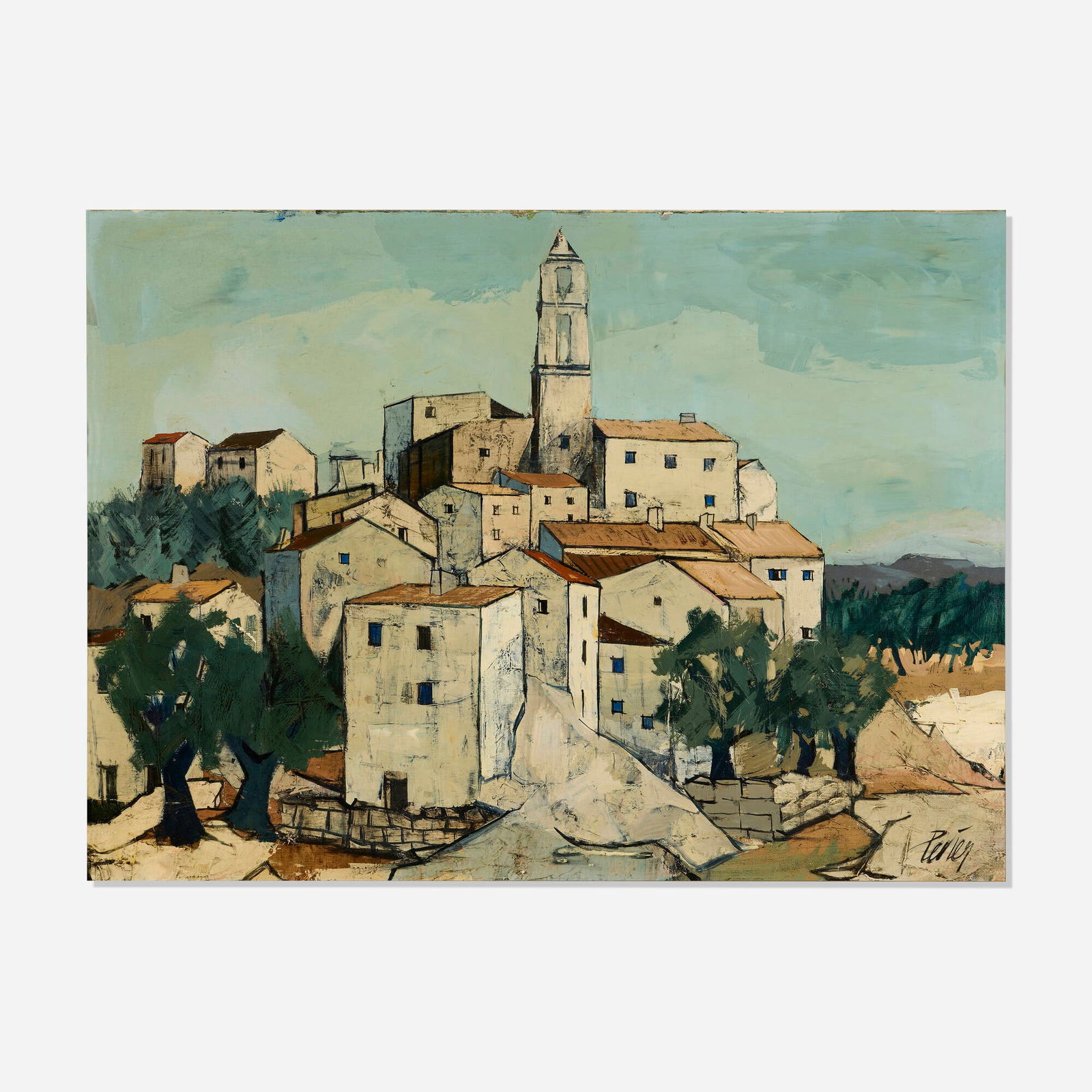 Charles Levier, Village Corse: Charles Levier Village Corse c. 1970oil on canvas 28.875 h x 39.375 w in (73 x 100 cm) Signed to lower right 'Levier'. Signed and titled to verso 'Village Corse Ch. Levier'.