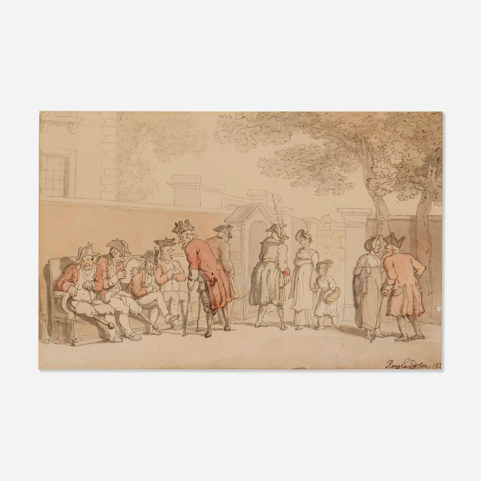 Thomas Rowlandson, Charming Visitors for Chelsea Pensioners: Thomas Rowlandson Charming Visitors for Chelsea Pensioners c.1820ink and watercolor on paper 4.75 h x 7.125 w in (12 x 18 cm) Signed and partially dated to lower right 'Rowlandson 182'.