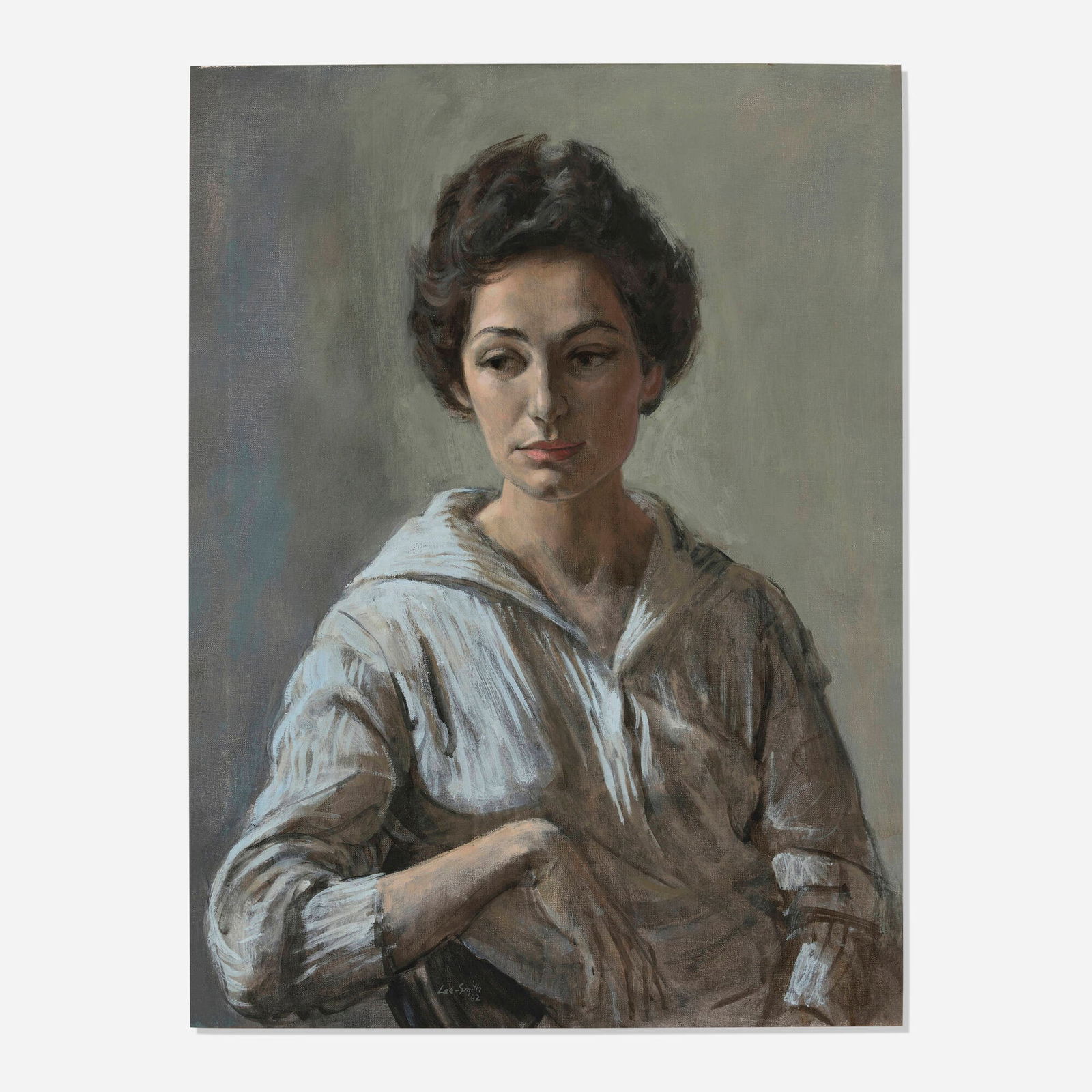 Hughie Lee-Smith, Portrait of a Woman: Hughie Lee-Smith Portrait of a Woman 1962oil on canvas 32.125 h x 24 w in (82 x 61 cm) Signed and dated to lower center 'Lee Smith '62'. Provenance: The Artist | Privat