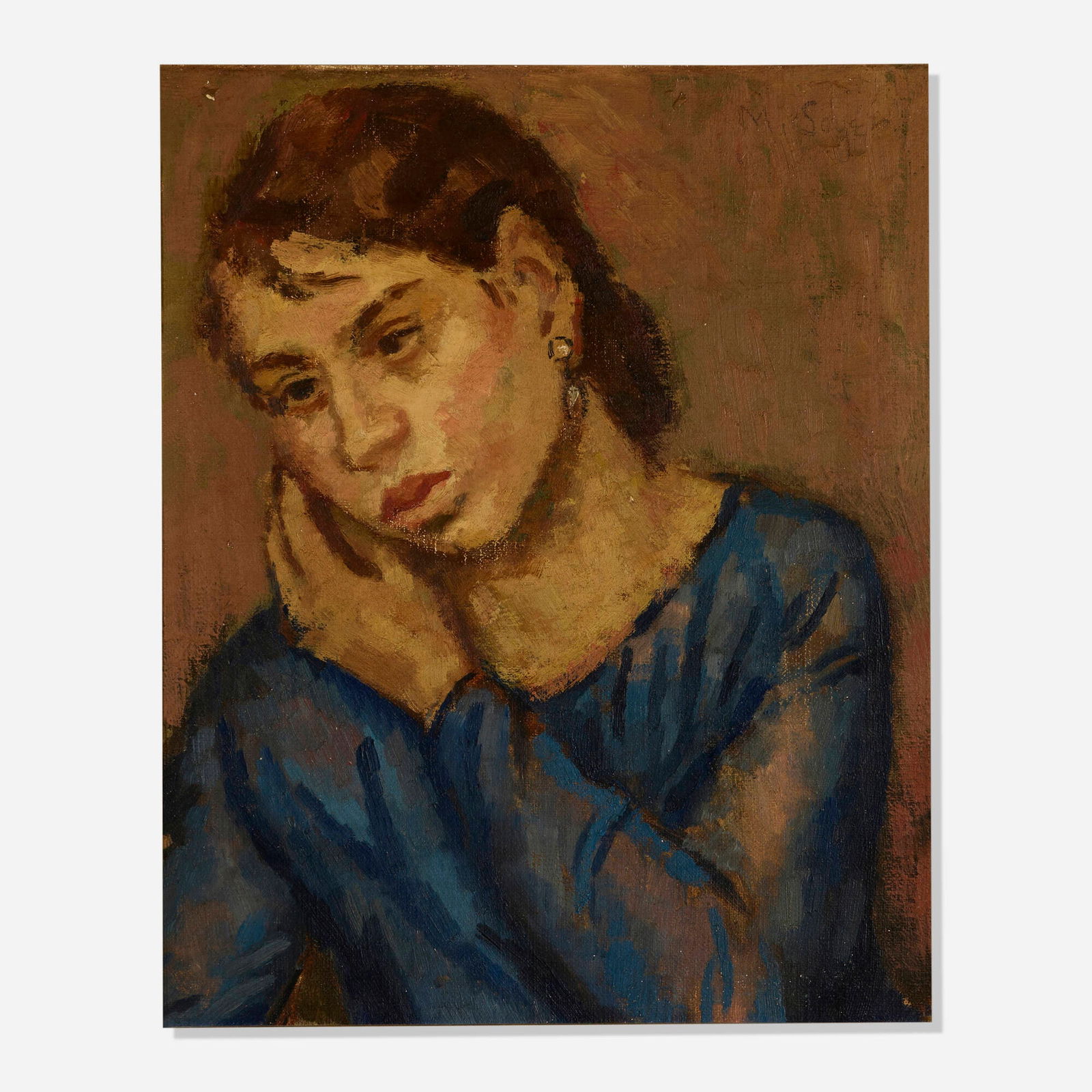 Moses Soyer, Pensive Woman: Moses Soyer Pensive Woman oil on canvas 16.5 h x 13 w in (42 x 33 cm) Signed to upper right 'M Soyer'. This work will ship from Lambertville, New Jersey.