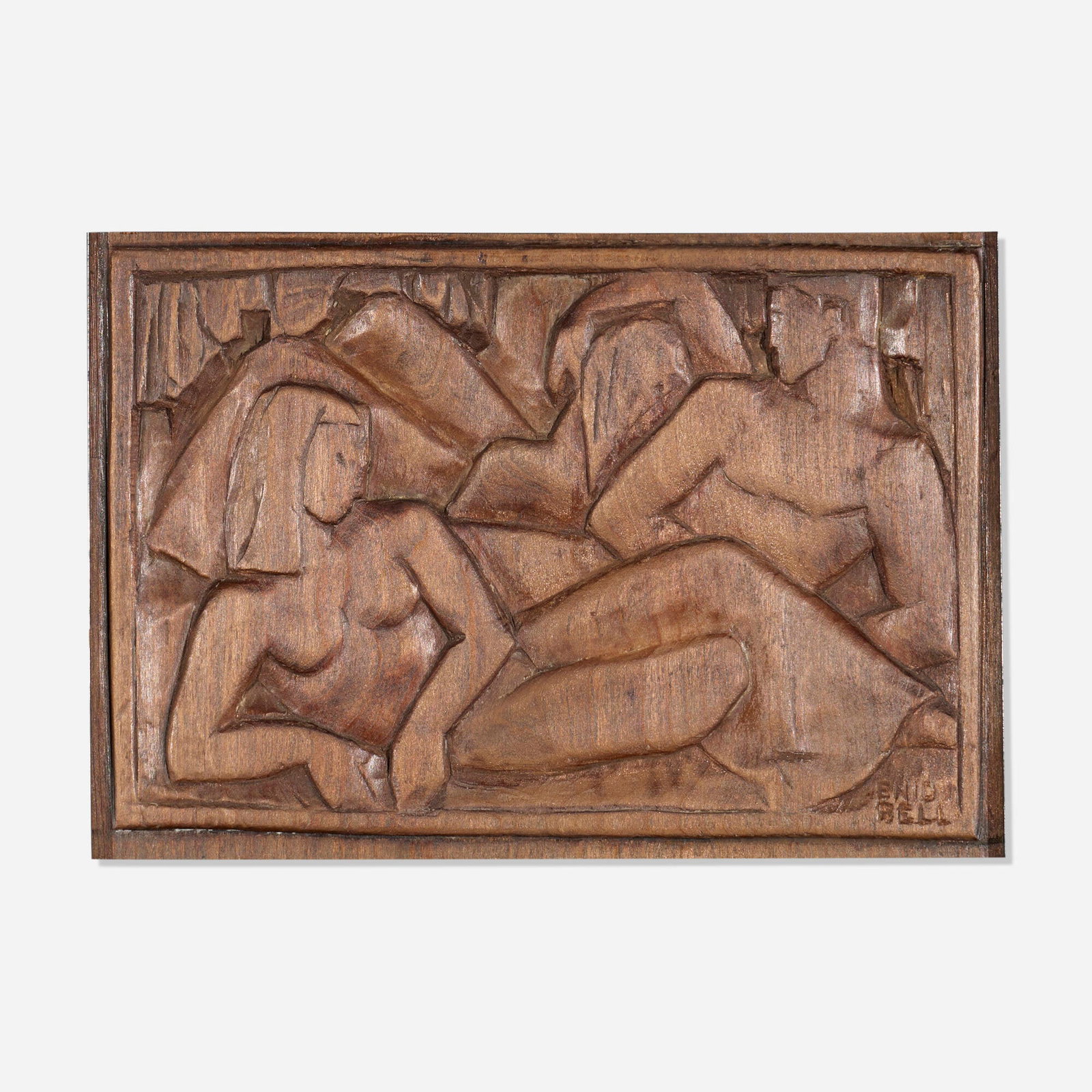 Enid Bell, Man and Woman: Enid Bell Man and Woman carved wood relief 7.5 h x 10 w in (19 x 25 cm) Incised signature to lower right 'Enid Bell'. This work will ship from Lambertville, New Jersey.