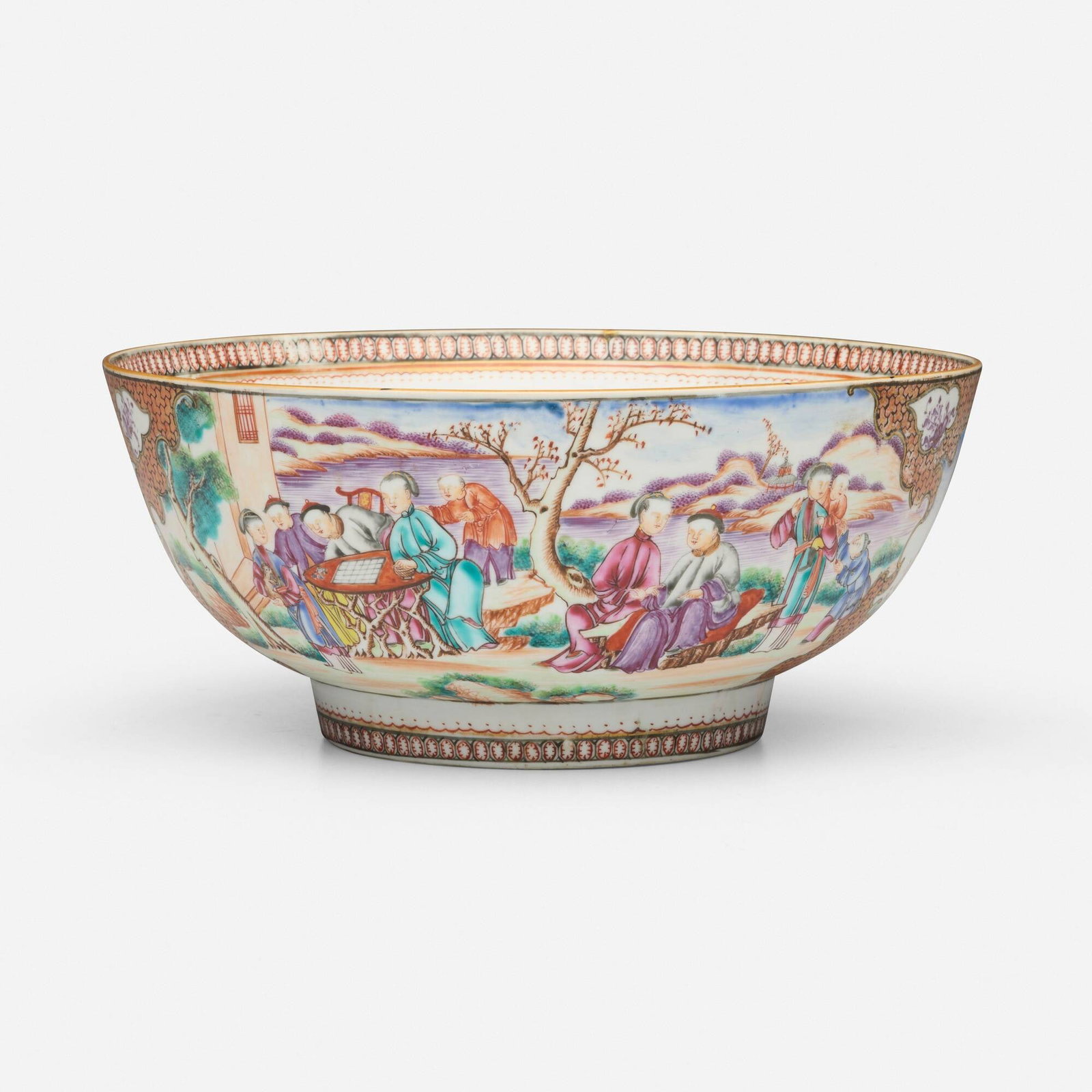 Chinese Export, Famille Rose punch bowl: Chinese Export Famille Rose punch bowl Qianlong period, Qing dynasty (c. late 18th century) glazed and hand-painted porcelain 4.5 h x 10.25 dia in (11 x 26 cm) This work will ship