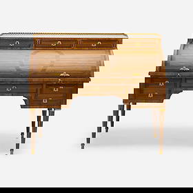 Claude Lebesgue, Louis XVI writing desk: Claude Lebesgue Louis XVI writing desk France, late 18th centurymahogany, gilt brass, marble, marquetry, embossed leather 44.5 h x 50.75 w x 26.5 d in (113 x 129 x 67 cm) Desk features eight d