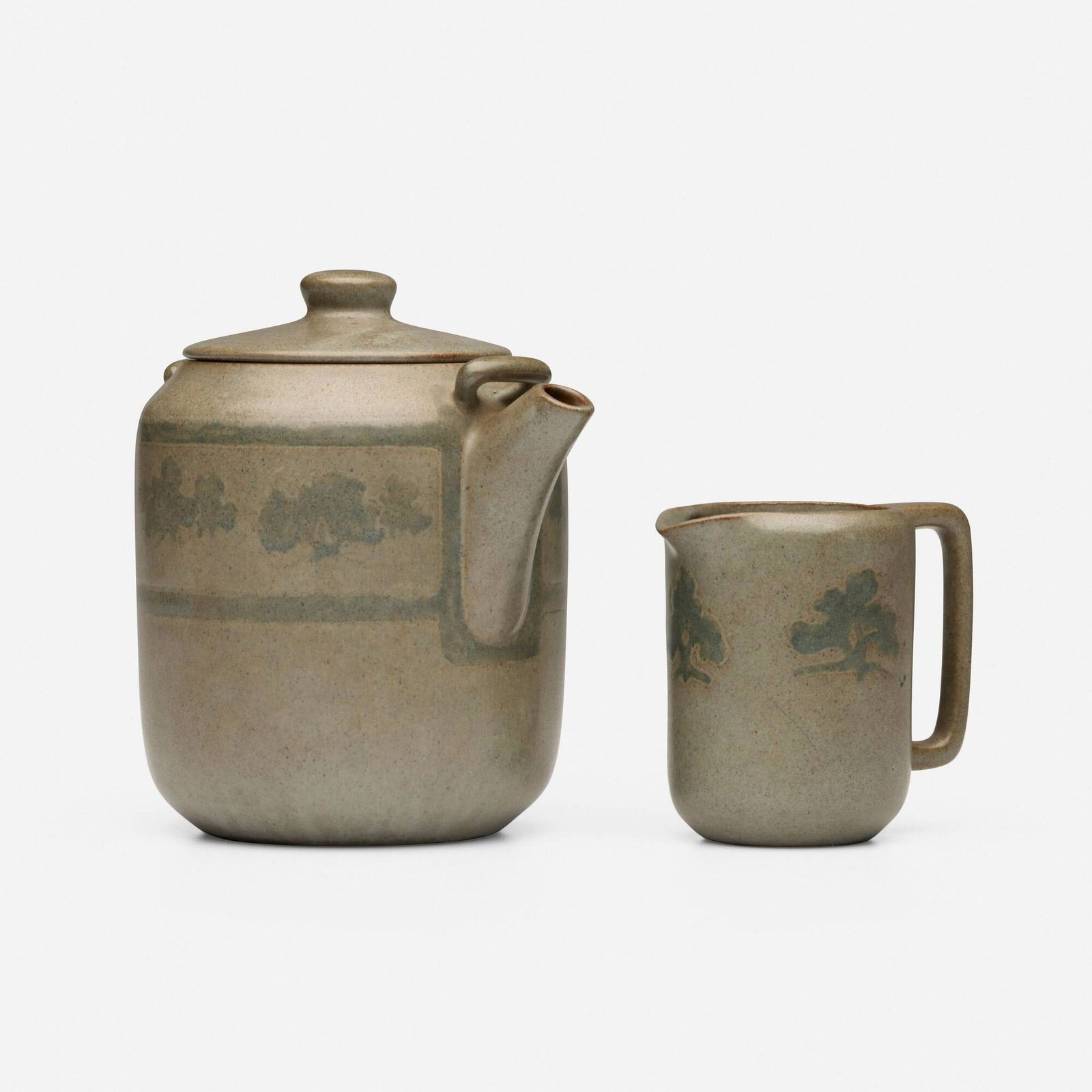 Arthur Baggs and Sarah Tutt for Marblehead Pottery, Teapot and creamer with trees (1 of 3)