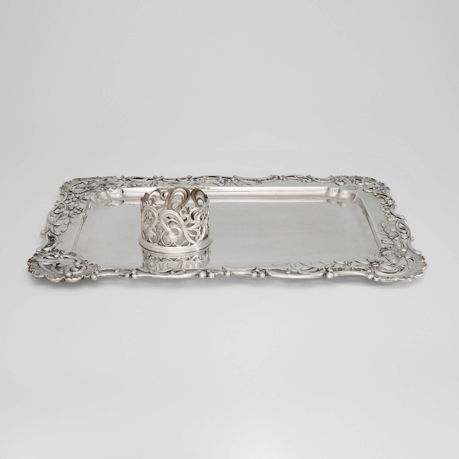 Austrian / German, Tray and wine coaster: Austrian / German Tray and wine coaster c. 1900.800 silver 19.5 h x 14 w in (50 x 36 cm) 2.25 h x 4 dia in (6 x 10 cm) Stamped hallmarks to each example. 47.09 ozt. This