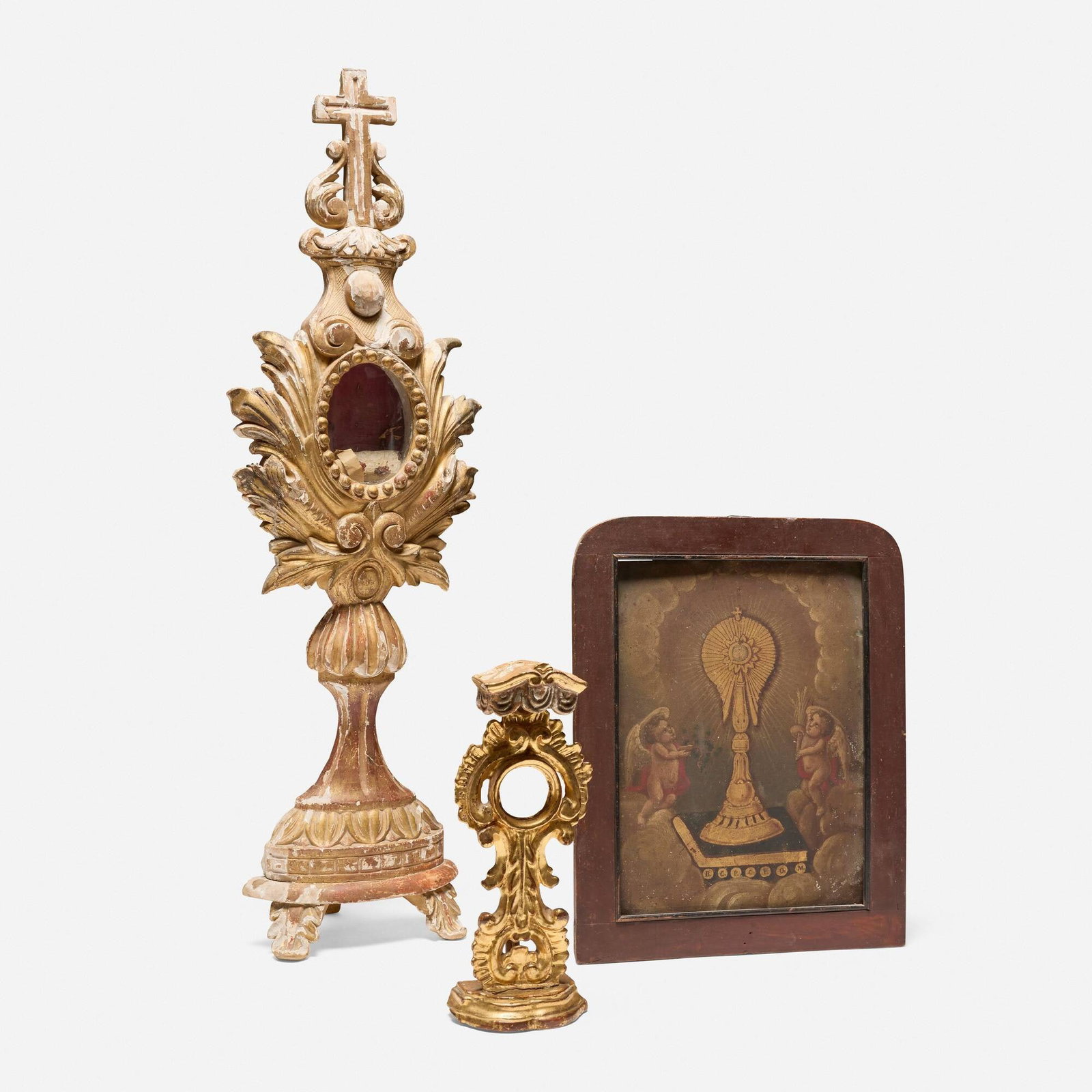 South American, Collection of three Spanish Colonial devotional objects: South American Collection of three Spanish Colonial devotional objects 18th-19th centurygilt wood, painted wood, painted steel, bone, glass 33.25 h x 10 w x 7 d in (84 x 25 x 18 cm) 16.5 h x 13 w