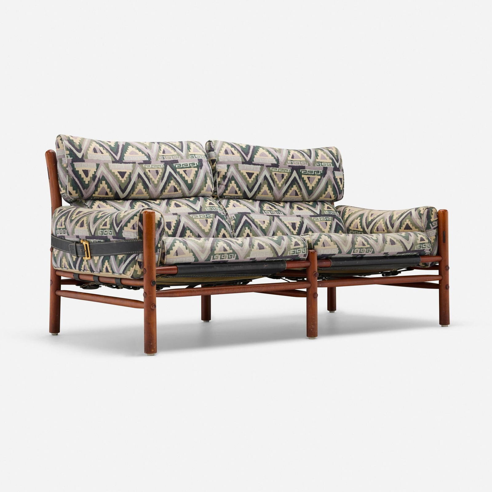 Arne Norell, Kontiki sofa: Arne Norell Kontiki sofa Norell Mobel ABSweden, 1970stained beech, upholstery, saddle-stitched leather, brass 31 h x 60 w x 33 d in (79 x 152 x 84 cm) This work will ship fr