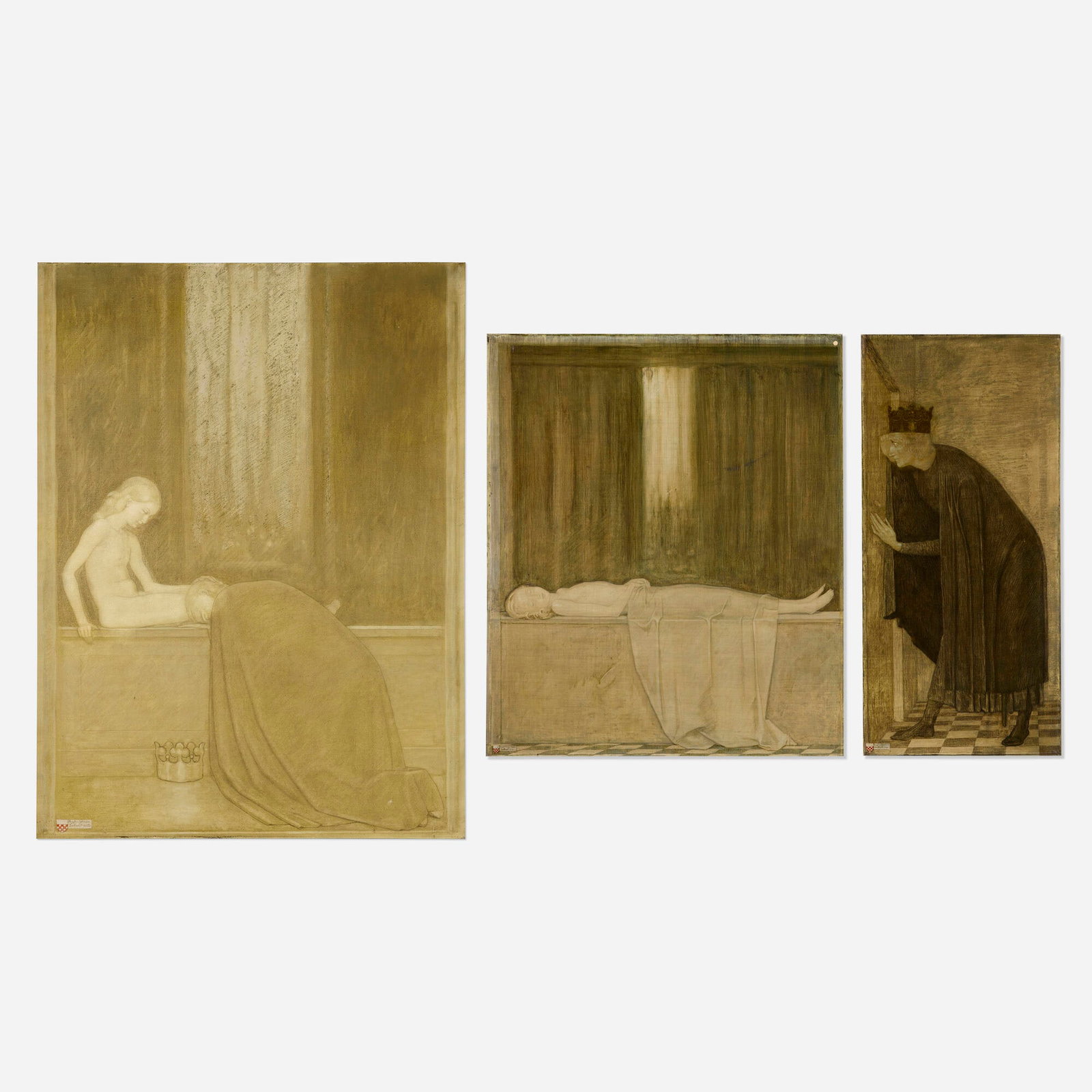 Angelicus Josef Maria Beckert, Romeo and Juliet (triptych): Angelicus Josef Maria Beckert Romeo and Juliet (triptych) 1928-30 oil on canvas 43.5 h x 33 w in (110 x 84 cm) 32.5 h x 27.375 w in (83 x 70 cm) 32.5 h x 15 w in (83 x 38 cm) Signed, date