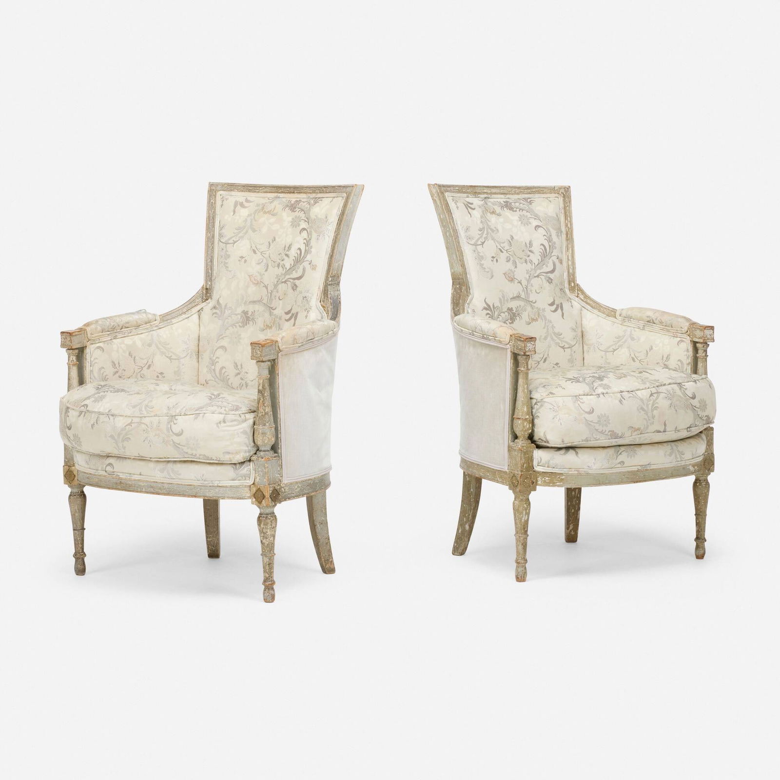 French, Louis XVI-style bergeres, pair: French Louis XVI-style bergeres, pair late 19th centuryupholstered cushion, painted wood, down fill, microfiber fabric 38.25 h x 26 w x 28 d in (97 x 66 x 71 cm) This work will sh