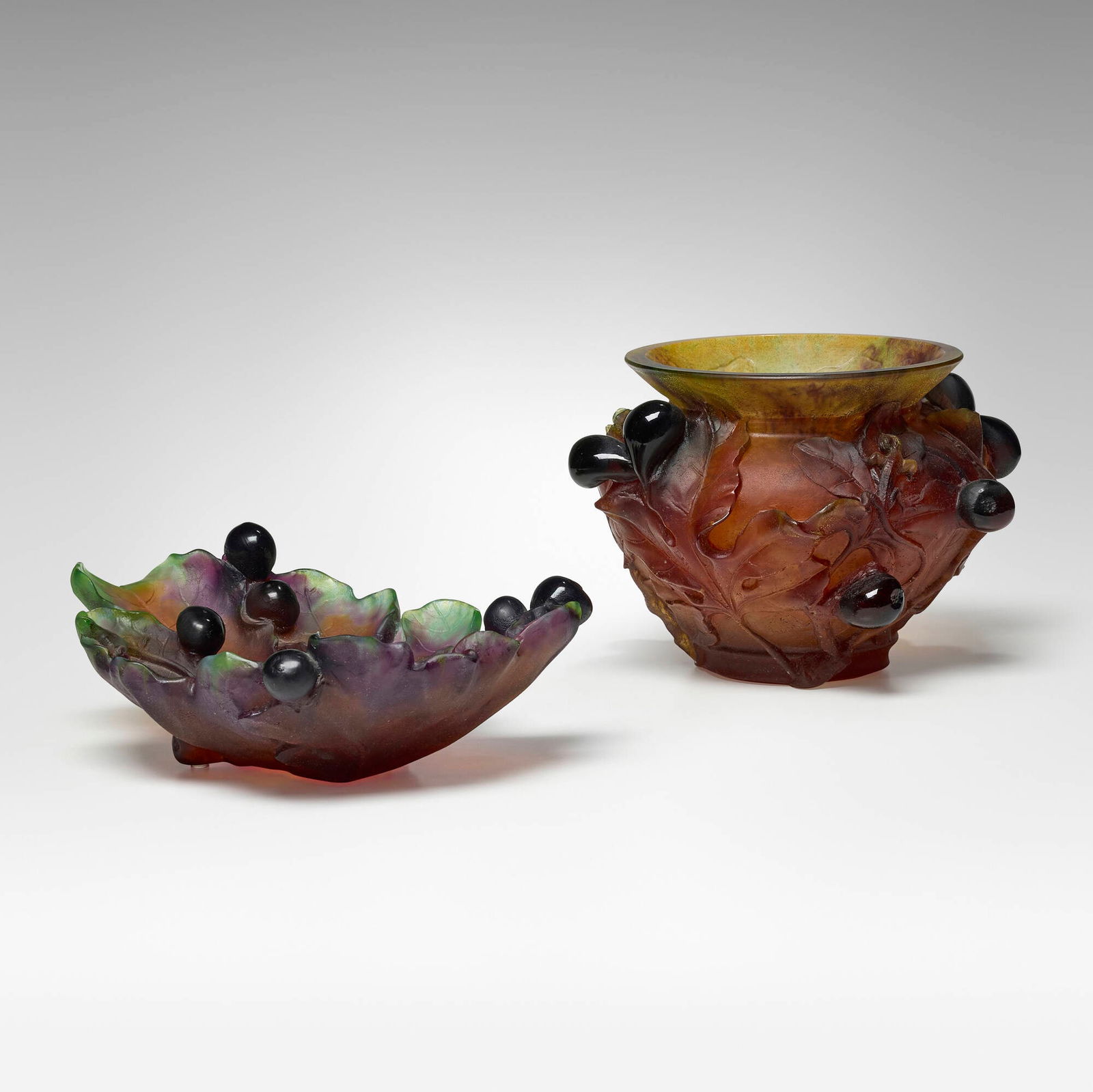 Daum, Figs coupe and bowl: Daum Figs coupe and bowl France, c. 1990pate de verre 8 h x 10 dia in (20 x 25 cm) 4.5 h x 13 w x 9 d in (11 x 33 x 23 cm) Incised to underside of each example 'Daum France'. Sold with the