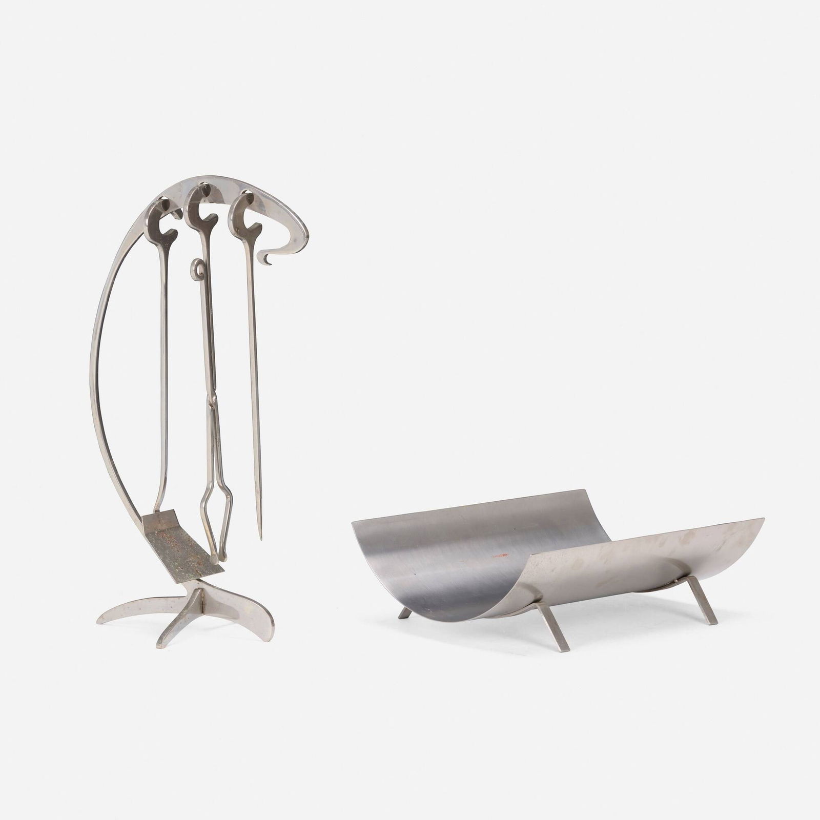 Maison Charles, Fireplace tools: Maison Charles Fireplace tools Jean Paul CreationsFrance, c. 1975chrome-plated steel, steel 26.5 h x 15 w x 9.25 d in (67 x 38 x 23 cm) Set is comprised of a shovel, poker, tongs, and st