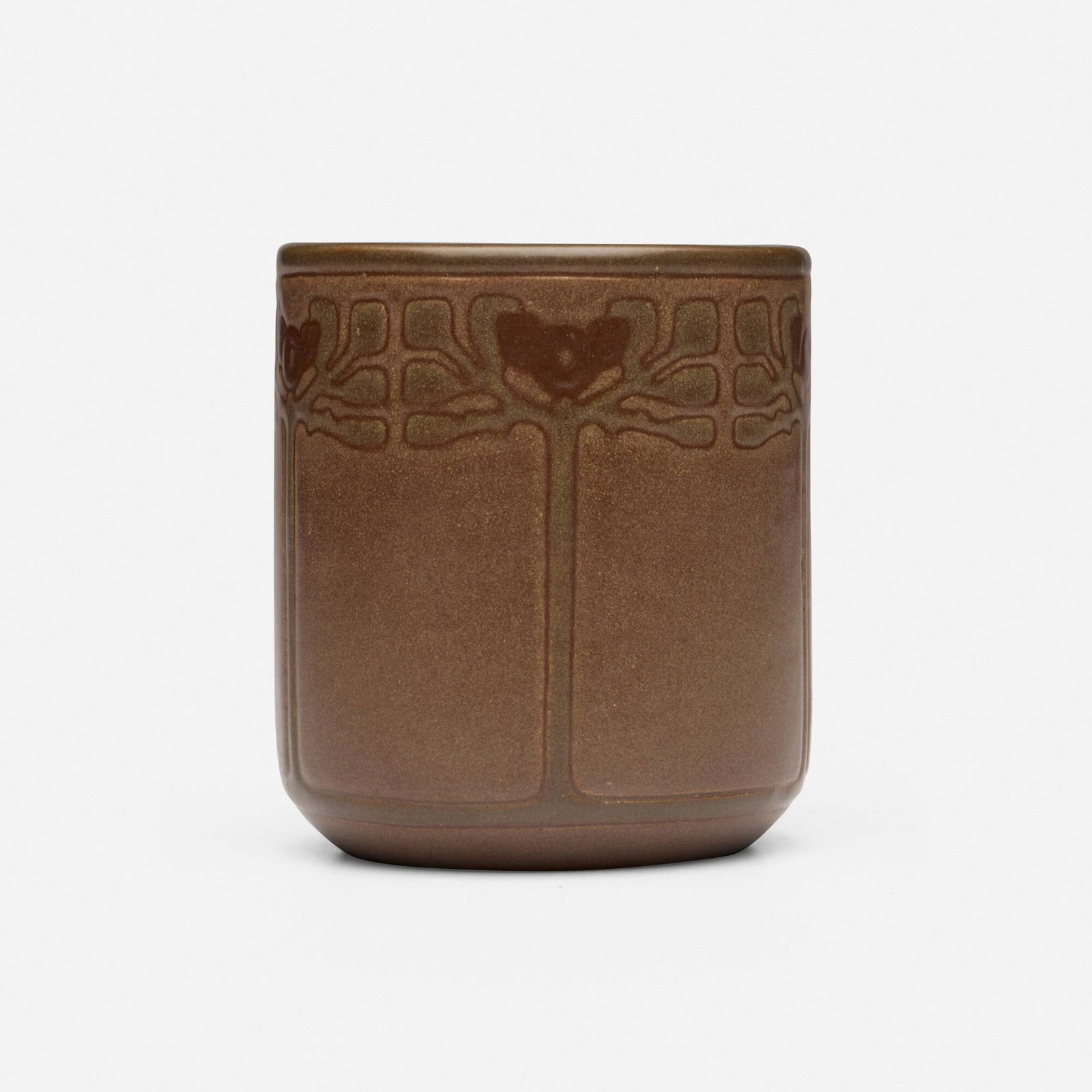 Arthur Eugene Baggs for Marblehead Pottery, Vase with stylized flowering trees: Arthur Eugene Baggs for Marblehead Pottery Vase with stylized flowering trees USA, 1908-20glazed earthenware 3.625 h x 3.25 dia in (9 x 8 cm) Impressed manufacturer's mark to underside 'MP' wi