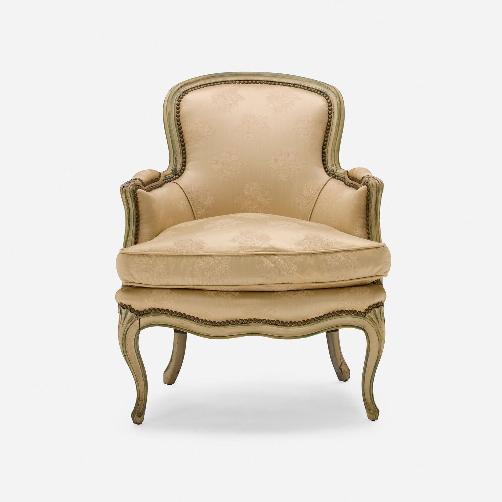 Louis XV Style, Bergere: Louis XV Style Bergere early 20th centurypainted wood, upholstered cushion, tacks 34 h x 27.75 w x 27.5 d in (86 x 70 x 70 cm) Provenance: Property from a Nelson Shanks decora