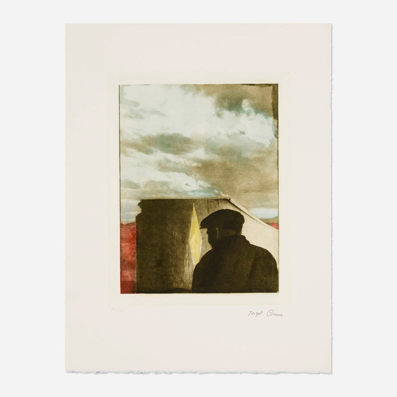 Joseph Cornell, Untitled (Landscape with Figure) (from the Prints for Phoenix House portfolio): Joseph Cornell Untitled (Landscape with Figure) (from the Prints for Phoenix House portfolio) 1972photogravure in colors image: 13 h x 10.25 w in (33 x 26 cm) sheet: 19.5 h x 15 w in (50 x 38 cm)<