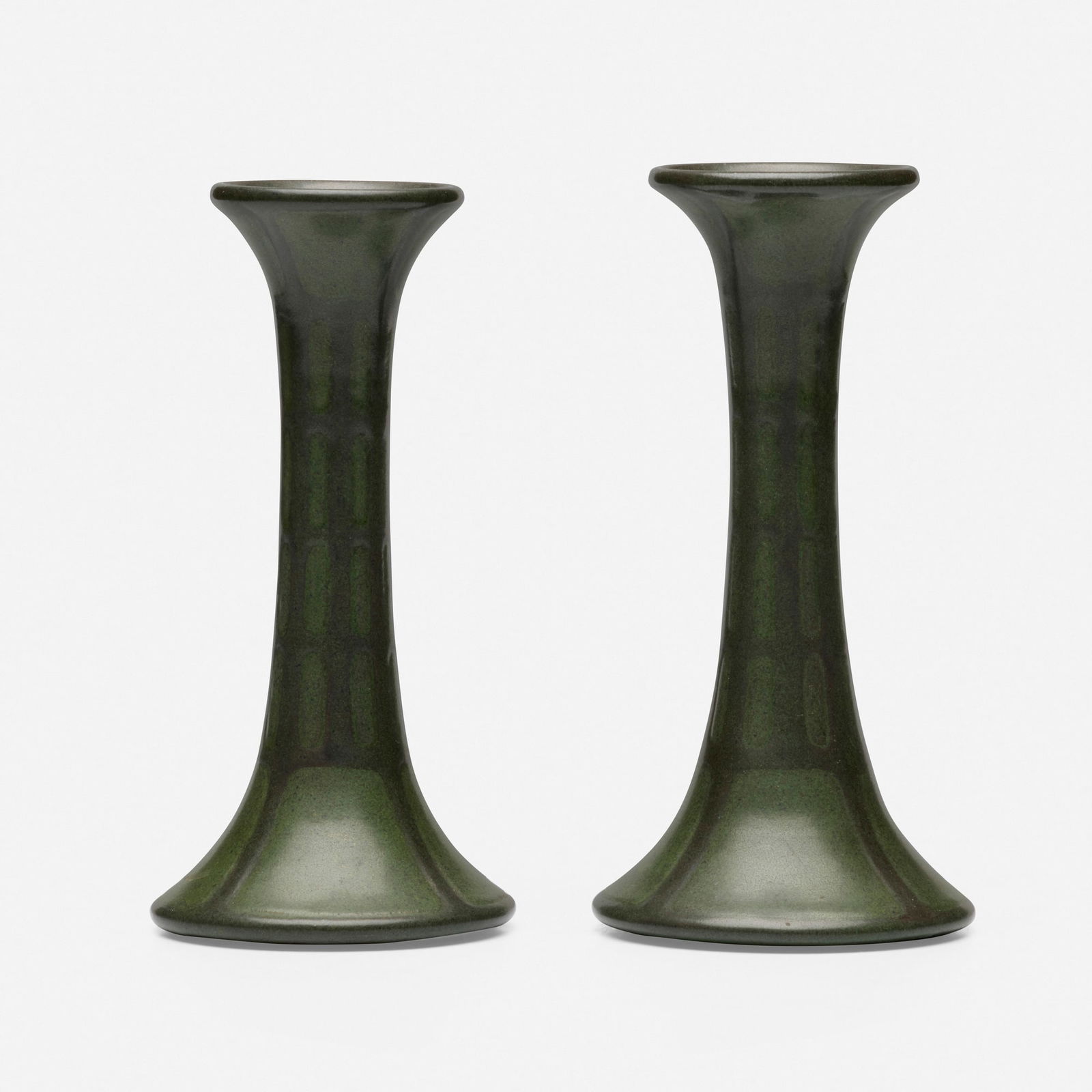 Arthur Hennessey and Herbert J. Hall for Marblehead Pottery, Candlesticks with lattice motif, pair: Arthur Hennessey and Herbert J. Hall for Marblehead Pottery Candlesticks with lattice motif, pair USA, 1908-16glazed and incised earthenware 7.5 h x 3.75 dia in (19 x 10 cm) 7.25 h x 3.5 dia in (1