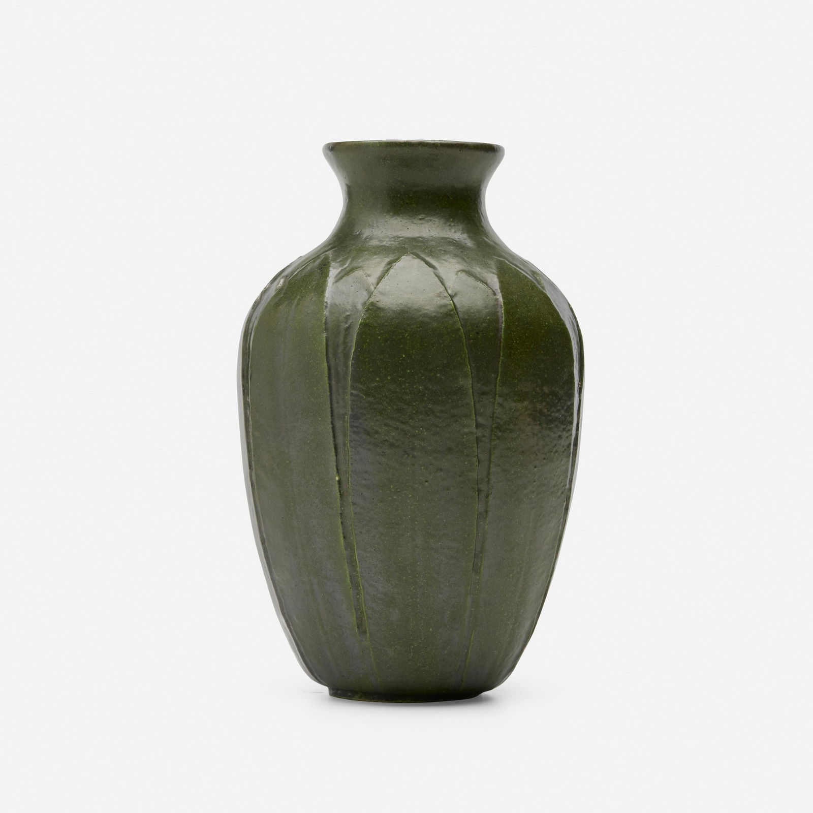 Florence Liley for Grueby Faience Company, Early vase with overlapping leaves (1 of 3)