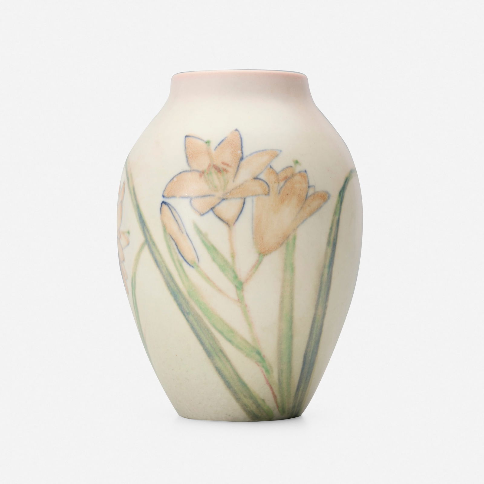 Kataro Shirayamadani for Rookwood Pottery, Double Vellum/Decorated Mat vase with lilies: Kataro Shirayamadani for Rookwood Pottery Double Vellum/Decorated Mat vase with lilies USA, 1944glazed porcelain 7.5 h x 5.75 dia in (19 x 15 cm) Impressed manufacturer's mark, date, number an