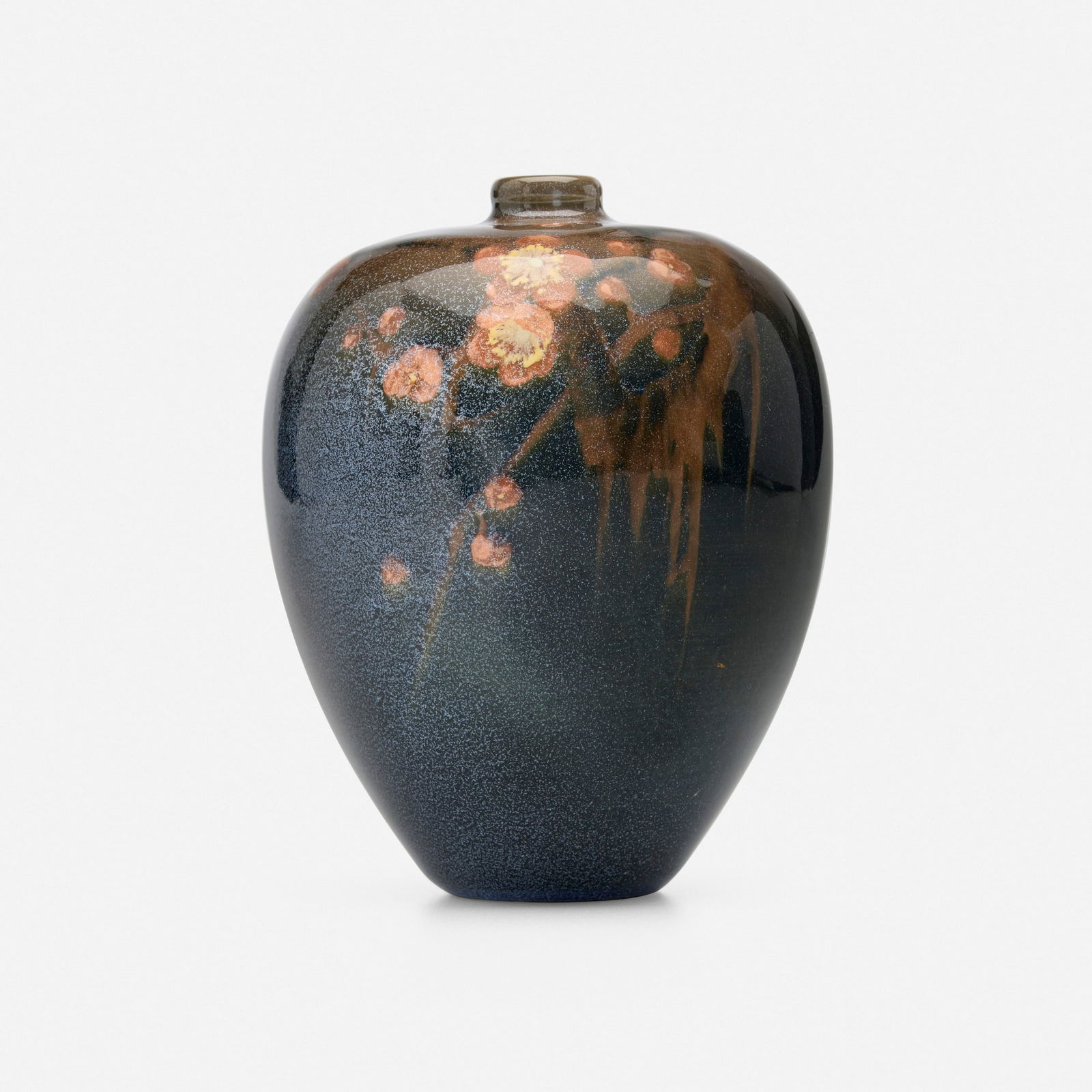 Sara Sax for Rookwood Pottery, Black Iris vase with quince blossoms: Sara Sax for Rookwood Pottery Black Iris vase with quince blossoms USA, 1906glazed earthenware 5.25 h x 4.25 dia in (13 x 11 cm) Impressed manufacturer's mark, date and number to underside 'Fl