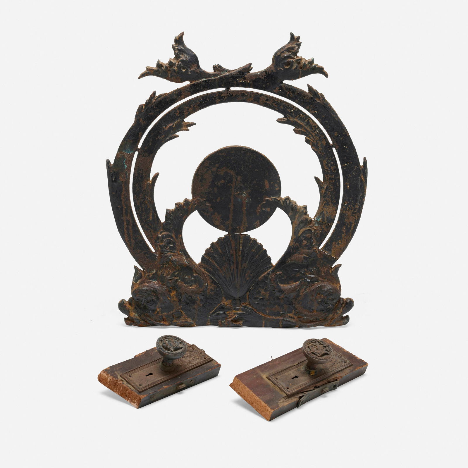 Charles B. Atwood, Floor indicator panel and two door knobs from the Fisher Building, Chicago: Charles B. Atwood Floor indicator panel and two door knobs from the Fisher Building, Chicago USA, c. 1895painted cast iron, cast iron panel: 25 h x 21.5 w x 3 d in (63 x 55 x 8 cm) door knob: 7.37