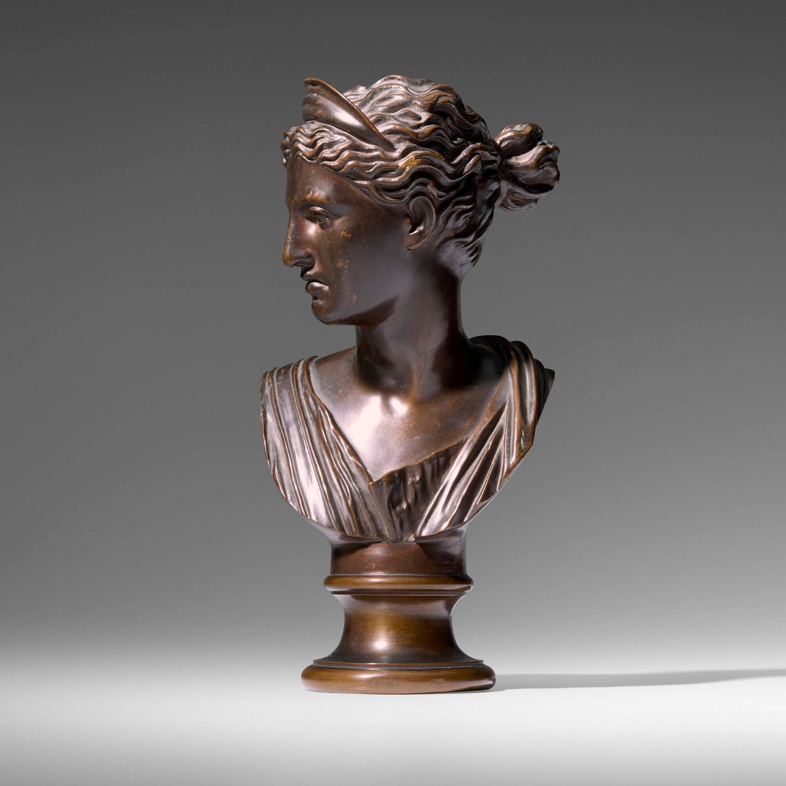 Ferdinand Barbedienne, Bust of Artemis (Diana of Versailles): Ferdinand Barbedienne Bust of Artemis (Diana of Versailles) France, c. 1870-90bronze 10 h x 5.25 w x 4.5 d in (25 x 13 x 11 cm) F. Barbedienne Foundry mark to reverse with reduction stamp for