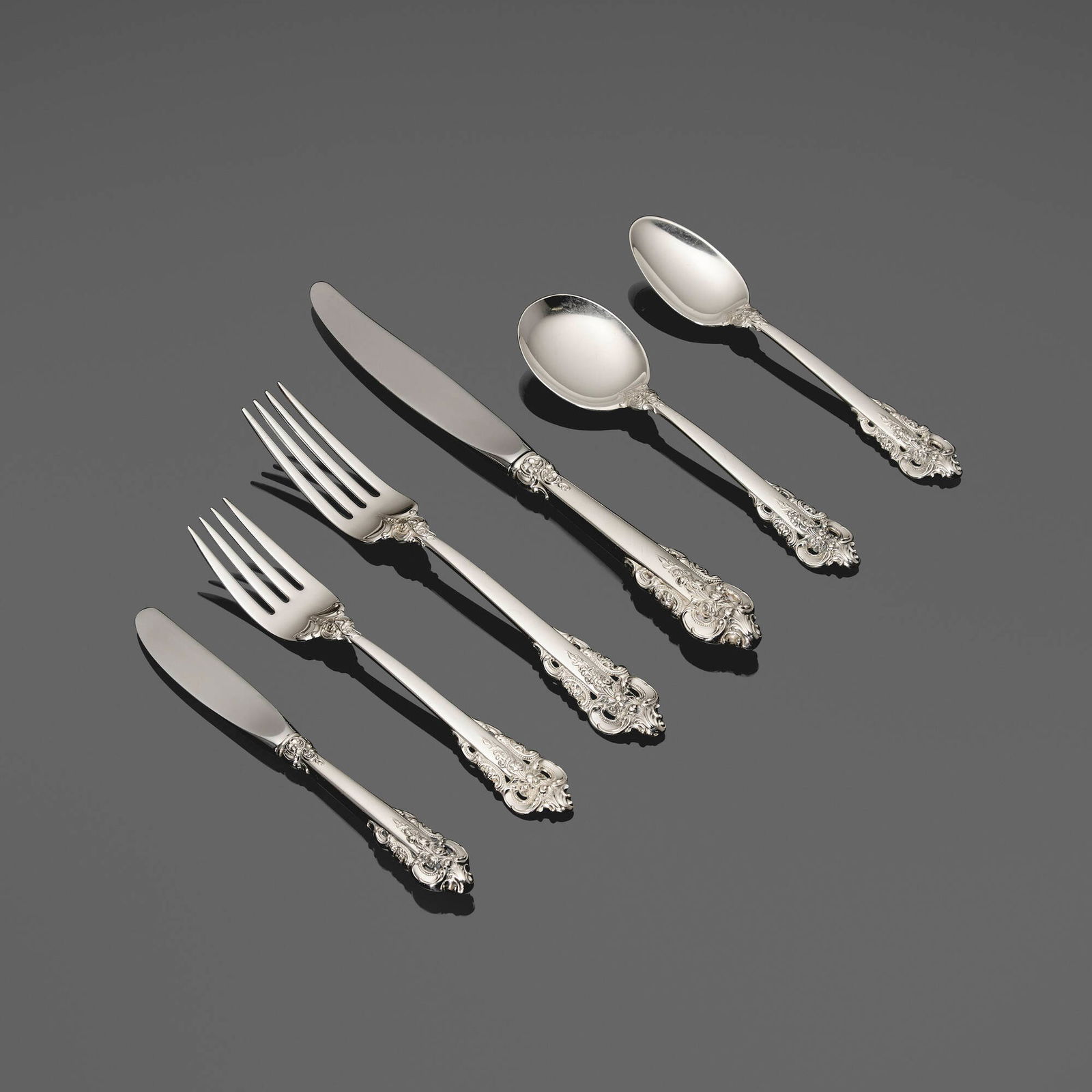 William S. Warren for Wallace Silversmiths, Grande Baroque flatware service: William S. Warren for Wallace Silversmiths Grande Baroque flatware service Taunton, USA, 1941sterling silver, stainless steel Complete six-piece service for fourteen, plus seven serving articles;