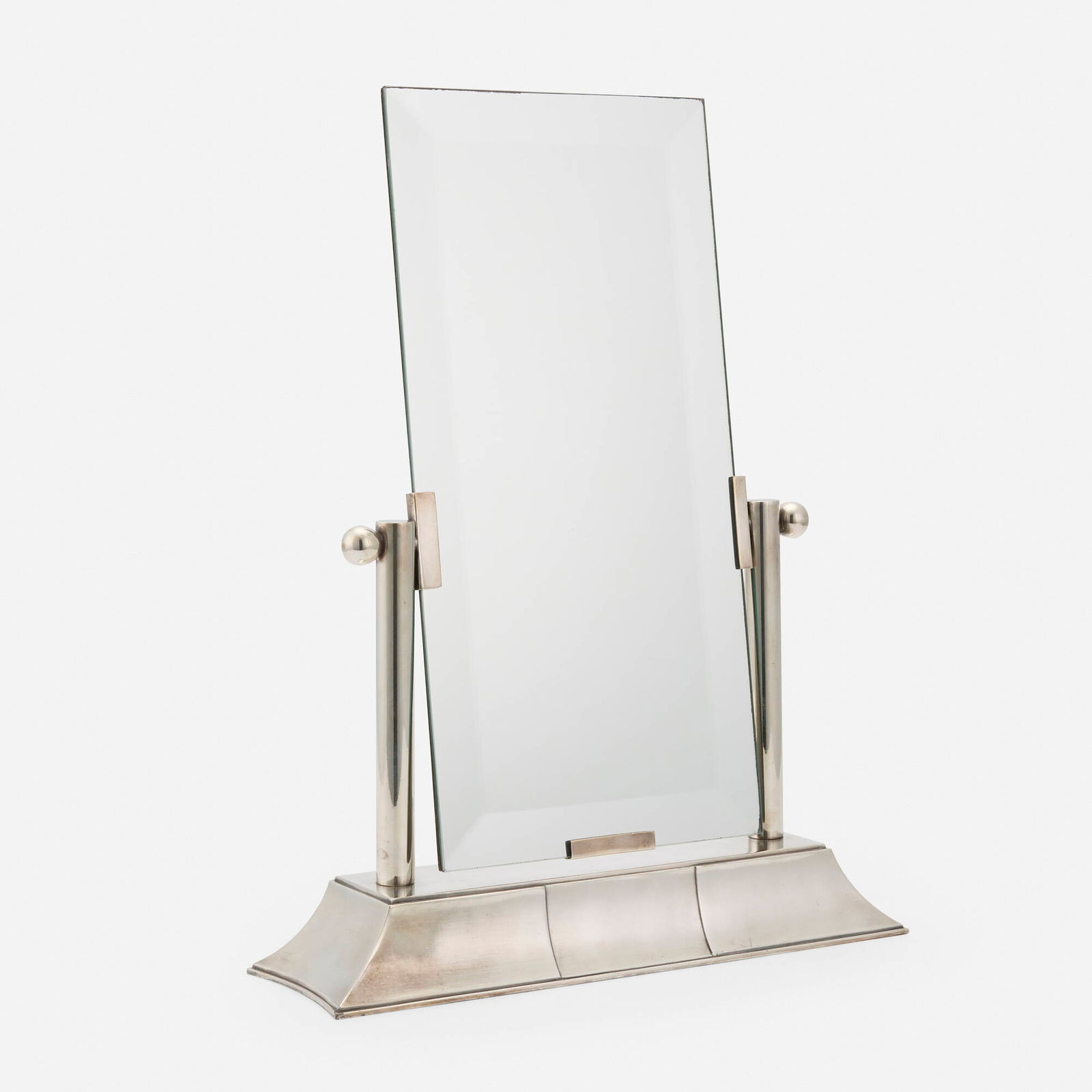 Luc Lanel, Gallia vanity mirror: Luc Lanel Gallia vanity mirror ChristofleFrance, c. 1930mirrored glass, silver-plated metal 16 h x 12.25 w x 3.75 d in (41 x 31 x 10 cm) Impressed manufacturer's mark and number to under
