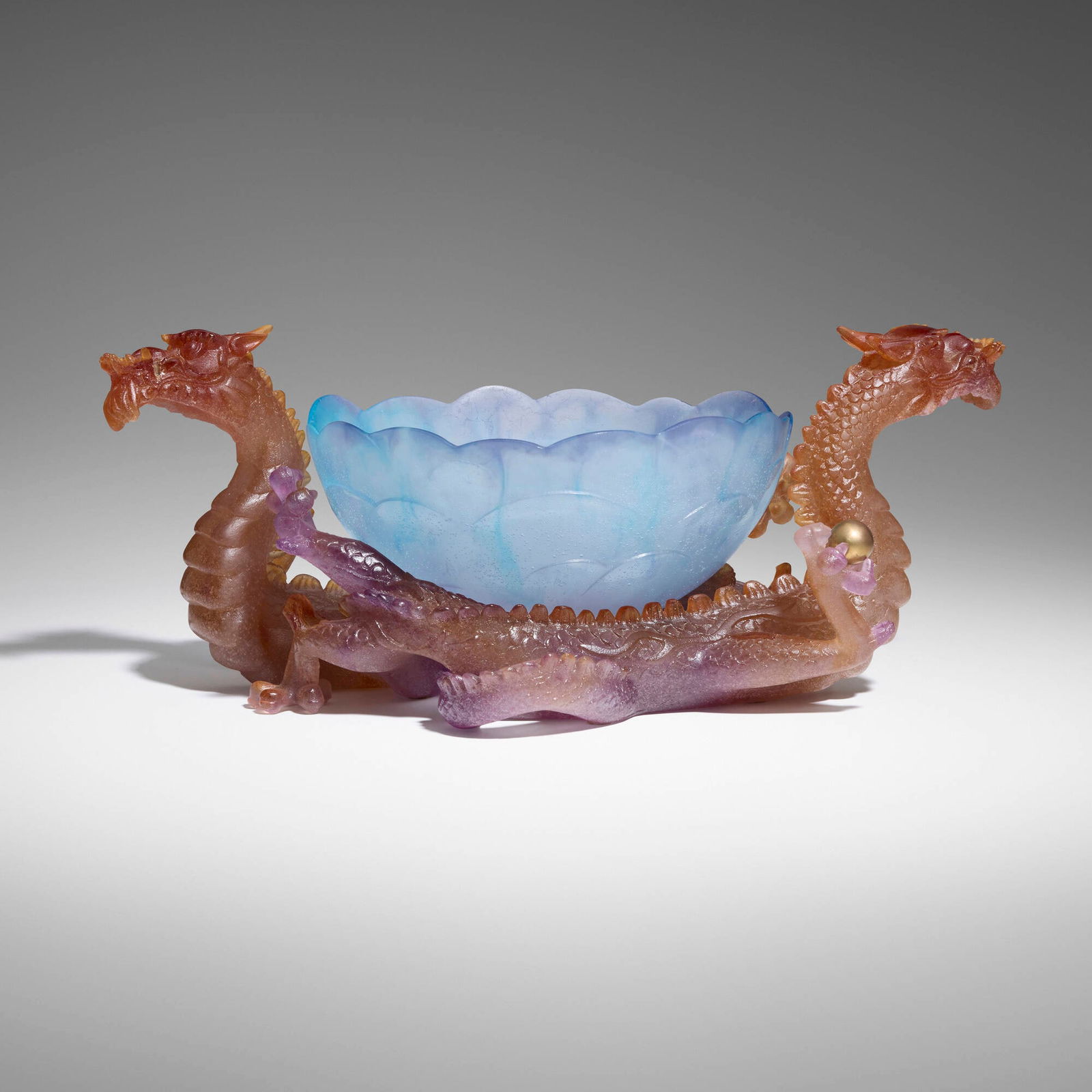 Daum, Double Dragon centerpiece bowl: Daum Double Dragon centerpiece bowl France, late 20th centurypate de verre, brass 7 h x 16 w x 10 d in (18 x 41 x 25 cm) Incised signature to lower edge of dragons 'Daum France'.