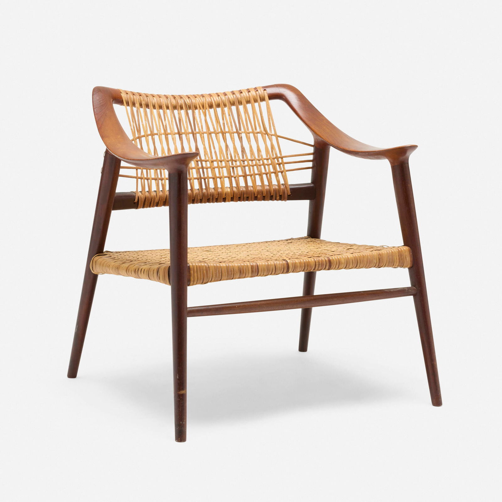 Rolf Rastad and Adolf Relling, Bambi armchair: Rolf Rastad and Adolf Relling Bambi armchair Gustav Bahus & EftNorway, 1955-56teak, caning 27.5 h x 25.5 w x 20.5 d in (70 x 65 x 52 cm) Impressed distributor's mark to reverse of front
