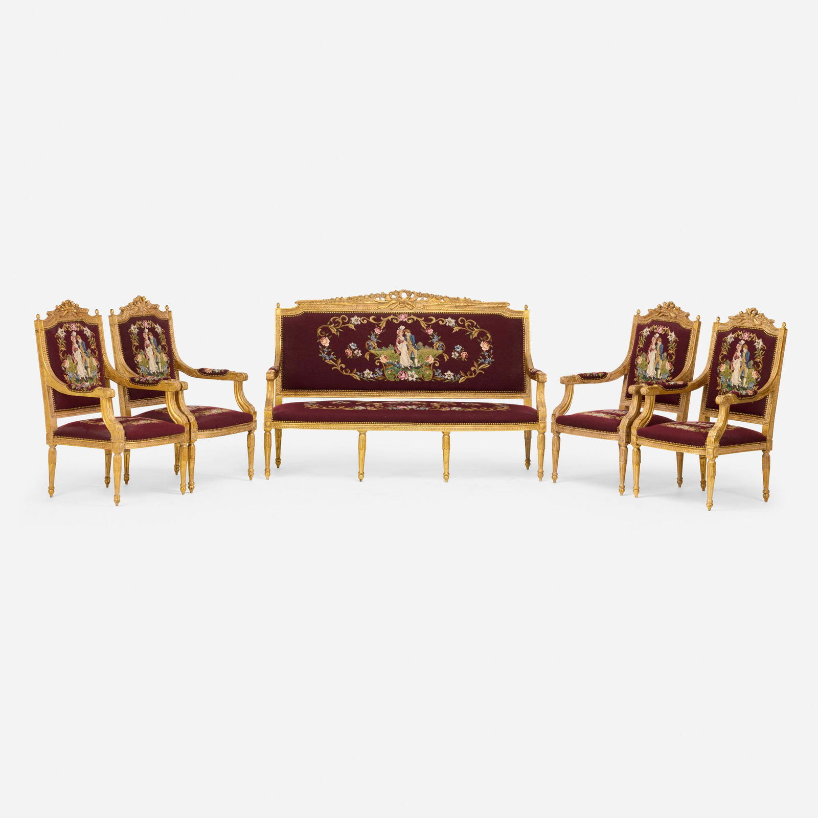 Louis XVI Style, Parlor suite with a courting scene: Louis XVI Style Parlor suite with a courting scene France, 19th century gilded wood, needlepoint upholstery, velvet upholstery 42.5 h x 27 w x 25 d in (108 x 69 x 63 cm) 43.25 h x 65 w x 27 d in