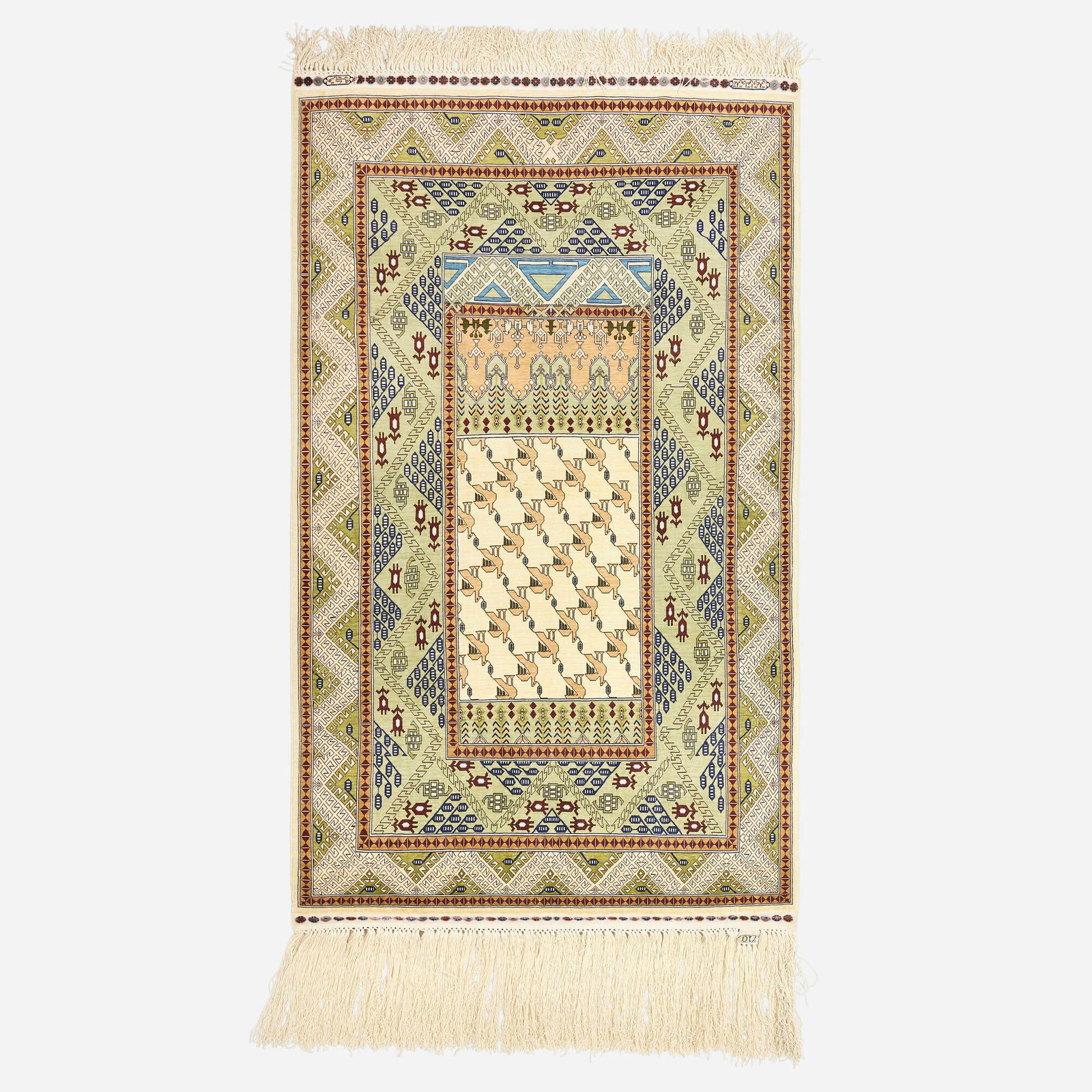 Hereke, Low pile carpet: Hereke Low pile carpet Turkey, 20th centuryhand-knotted silk 3'3" x 4'11" in (101 x 151 cm) Stitched Turkish script to lower margins. Provenance: The Estate of Samuel J
