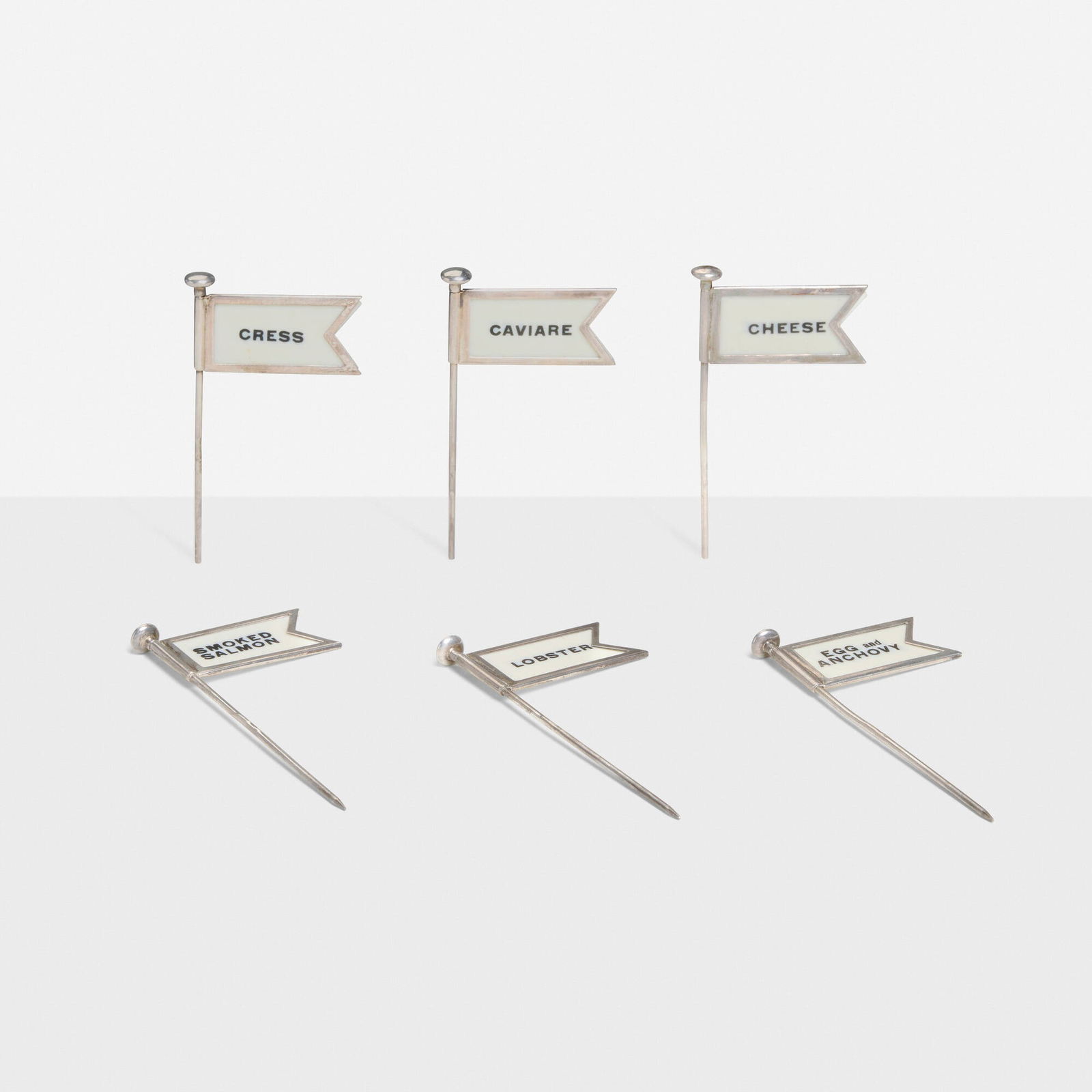 Adolph Scott Ltd., Edward VIII hors d'oeuvres flags, set of six: Adolph Scott Ltd. Edward VIII hors d'oeuvres flags, set of six Birmingham, United Kingdom, 1936silver, plastic 3 h x 1.25 w x 0.25 d in (8 x 3 x 1 cm) Impressed maker's mark and English hallma