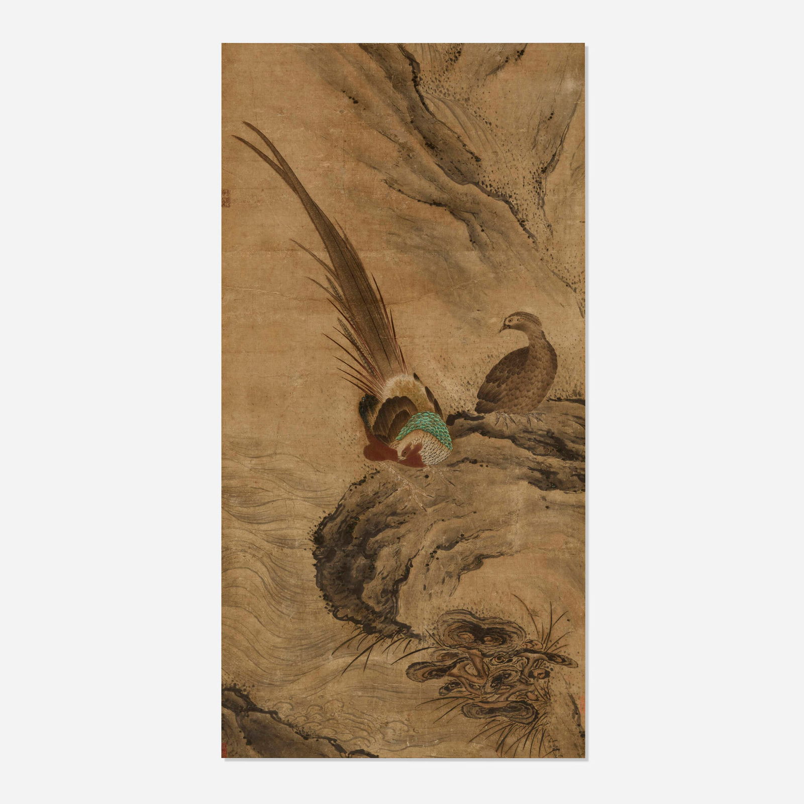 After Wang Yuan, Untitled (Pair of Pheasants in Landscape): After Wang Yuan Untitled (Pair of Pheasants in Landscape) mid- to late Qing dynasty ink and gouache on paper sight: 49.5 h x 25.5 w in (126 x 65 cm) Chopmarks along left and lower right edges. 