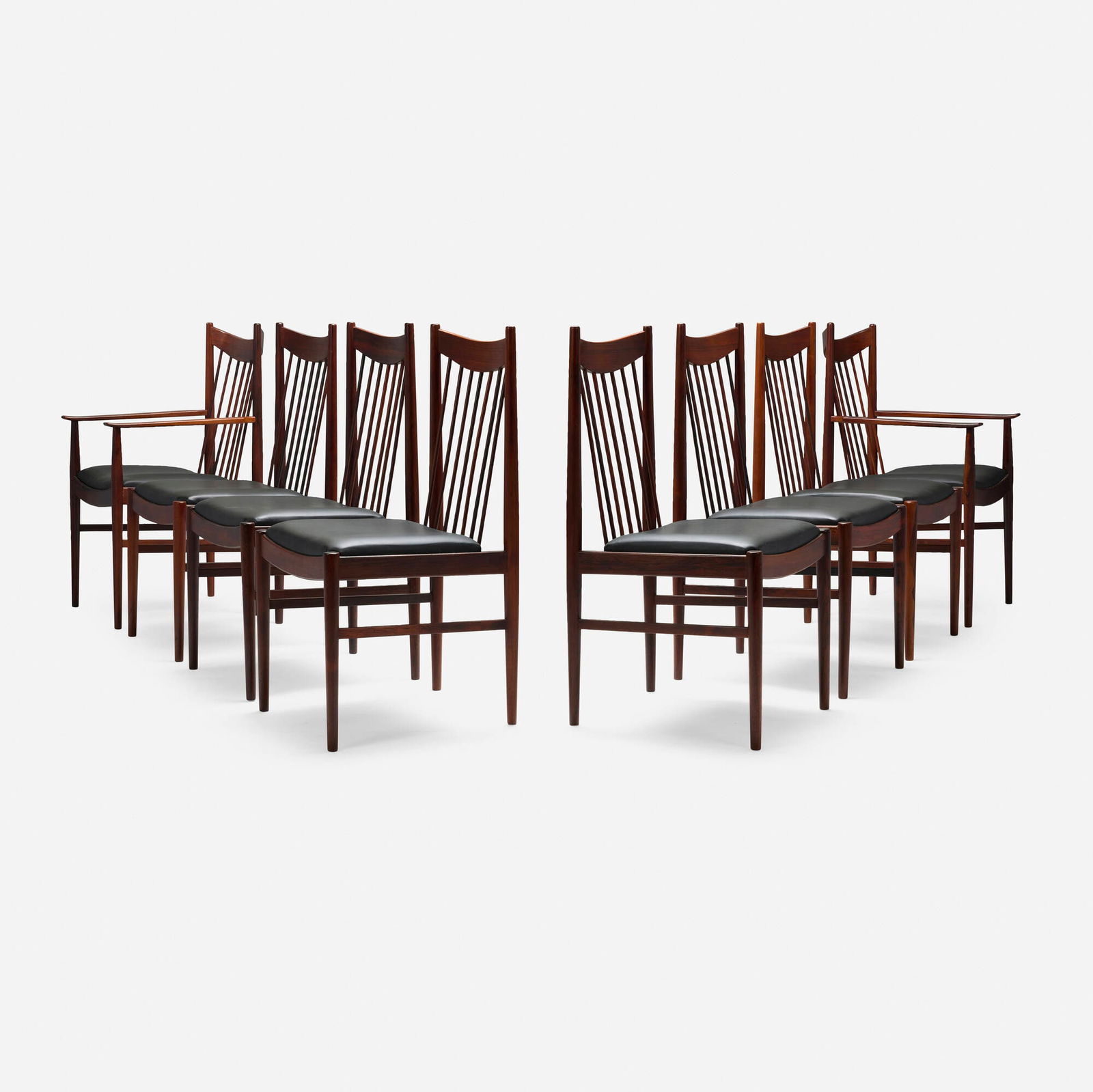 Arne Vodder, Dining chairs, set of eight: Arne Vodder Dining chairs, set of eight Sibast MoblerDenmark, c. 1965rosewood, leather armchair: 38.375 h x 22.375 w x 23 d in (97 x 57 x 58 cm) side chair: 38.5 h x 19.25 w x 21.5 d in (98