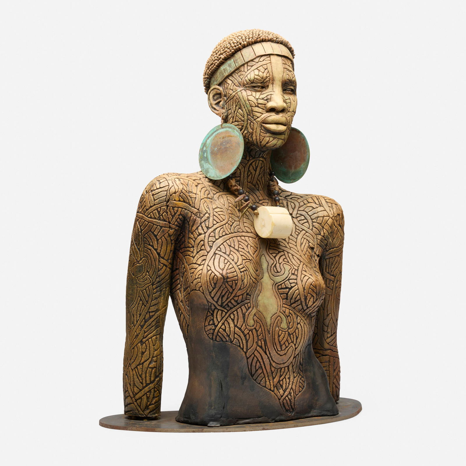 Woodrow Nash, Untitled (Female Torso): Woodrow Nash Untitled (Female Torso) 2009stoneware, copper, steel, bone, mixed media 26.375 h x 19.75 w x 9.75 d in (67 x 50 x 25 cm) Signed and dated to lower reverse 'W. Nash 09'.