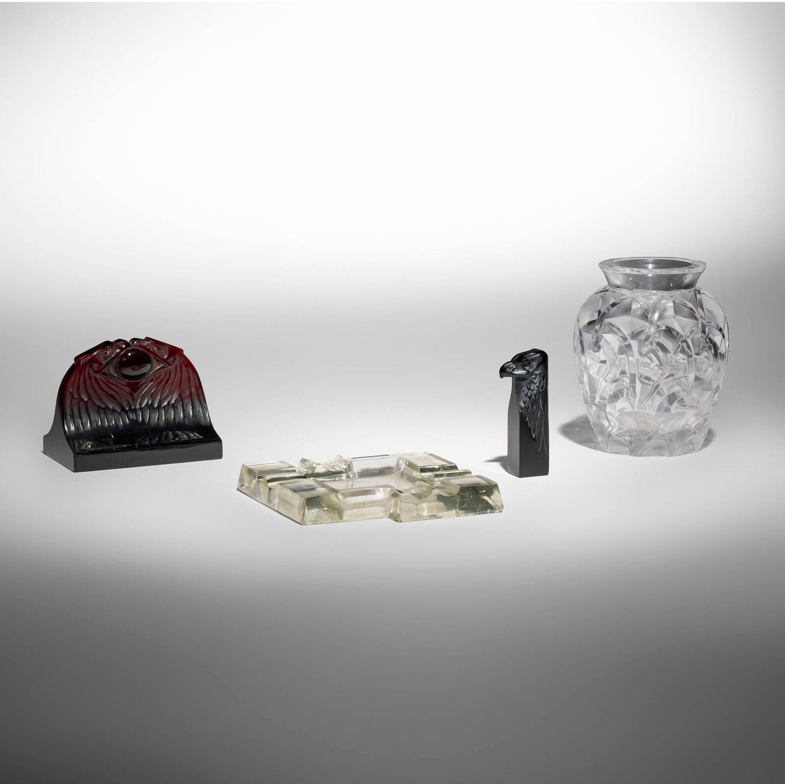 Rene Lalique and Andre Hunebelle, Collection of four works: Rene Lalique and Andre Hunebelle Collection of four works France, 1911, 1914, 1931, c. 1935 / before 1945glass largest: 5 h x 4 dia in (13 x 10 cm) Collection is comprised of Rene Lalique D