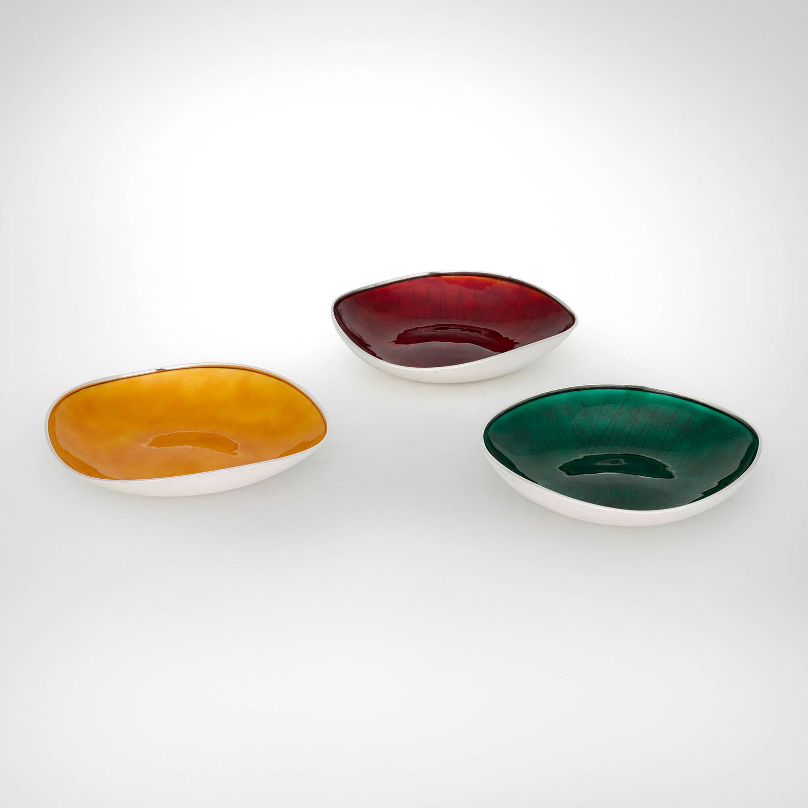 Eigil Jensen, Bowls, set of three: Eigil Jensen Bowls, set of three A. MichelsenDenmark, c. 1960sterling silver, enamel 1.25 h x 7.25 dia in (3 x 18 cm) Impressed manufacturer's mark to underside of each example 'A. Miche