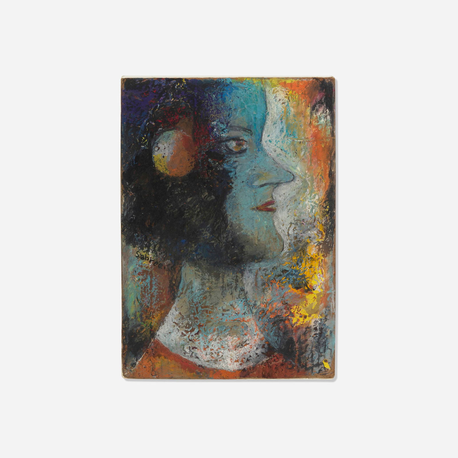 Charles Sebree, Portrait of Gertrude Abercrombie: Charles Sebree Portrait of Gertrude Abercrombie 1950oil and mixed media on cardboard 14 h x 19.875 w in (36 x 50 cm) Signed to left edge 'Sebree'. Provenance: Collectio