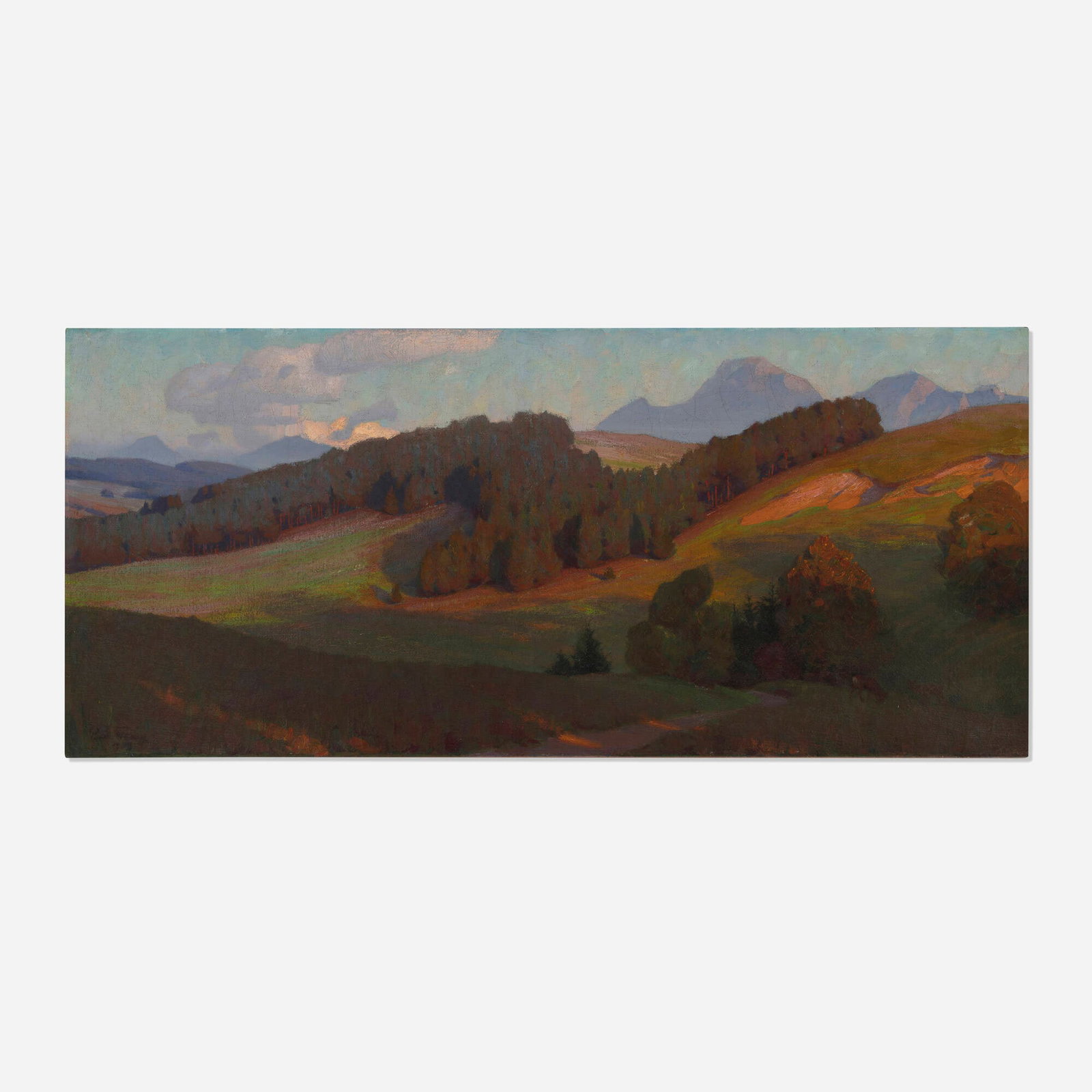 Artist Unknown, Landscape: Artist Unknown Landscape c. 1935 oil on canvas 24.5 h x 54.5 w in (62 x 138 cm) Illegibly signed and dated to lower left. Provenance: Collection of Robert Henry Adams This work will ship from