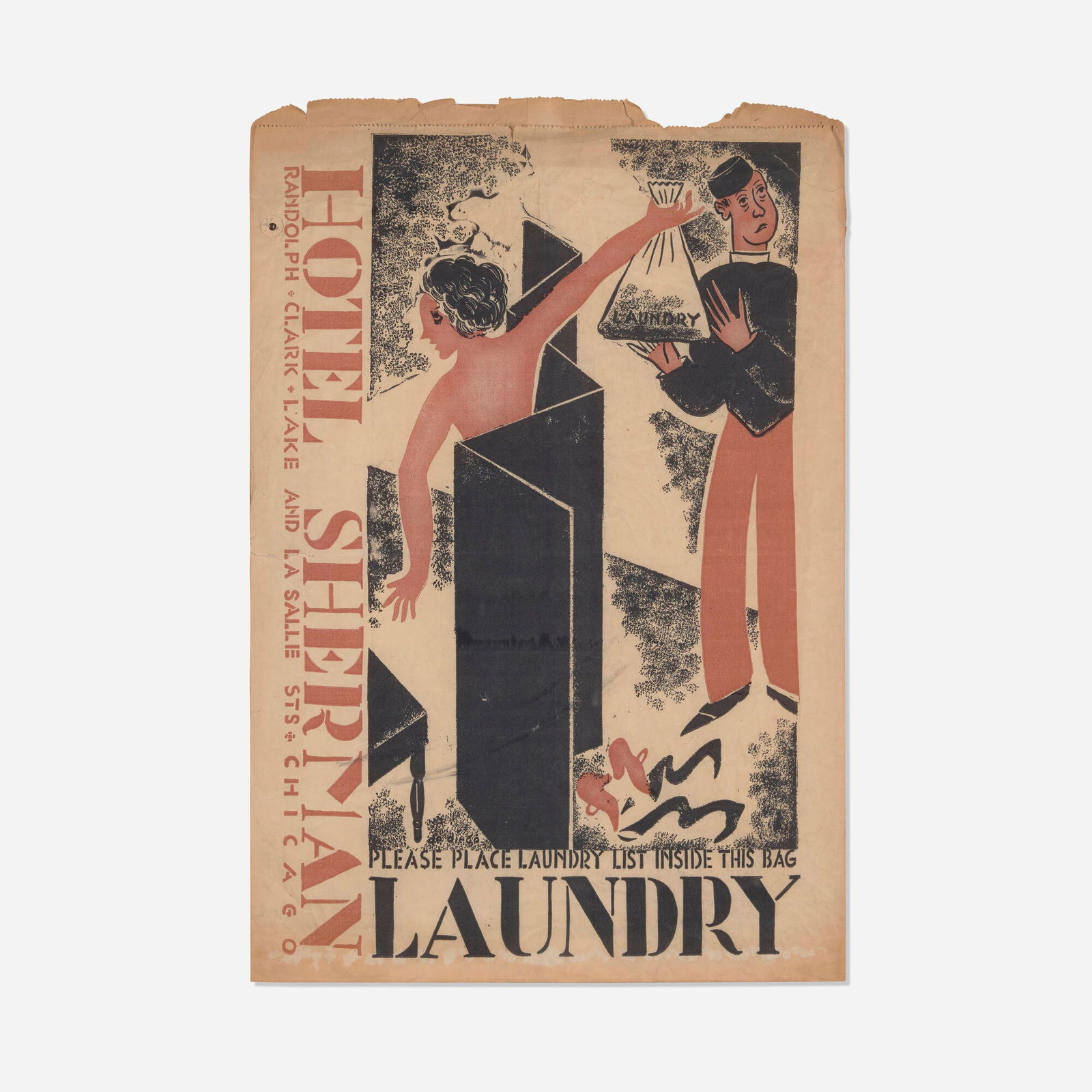 Julio de Diego, Hotel Sherman Laundry: Julio de Diego Hotel Sherman Laundry c. 1935 screenprint in colors on paper bag 26 h x 17.5 w in (66 x 44 cm) This rare screenprint was printed on a paper bag to be used by guests of the Hotel